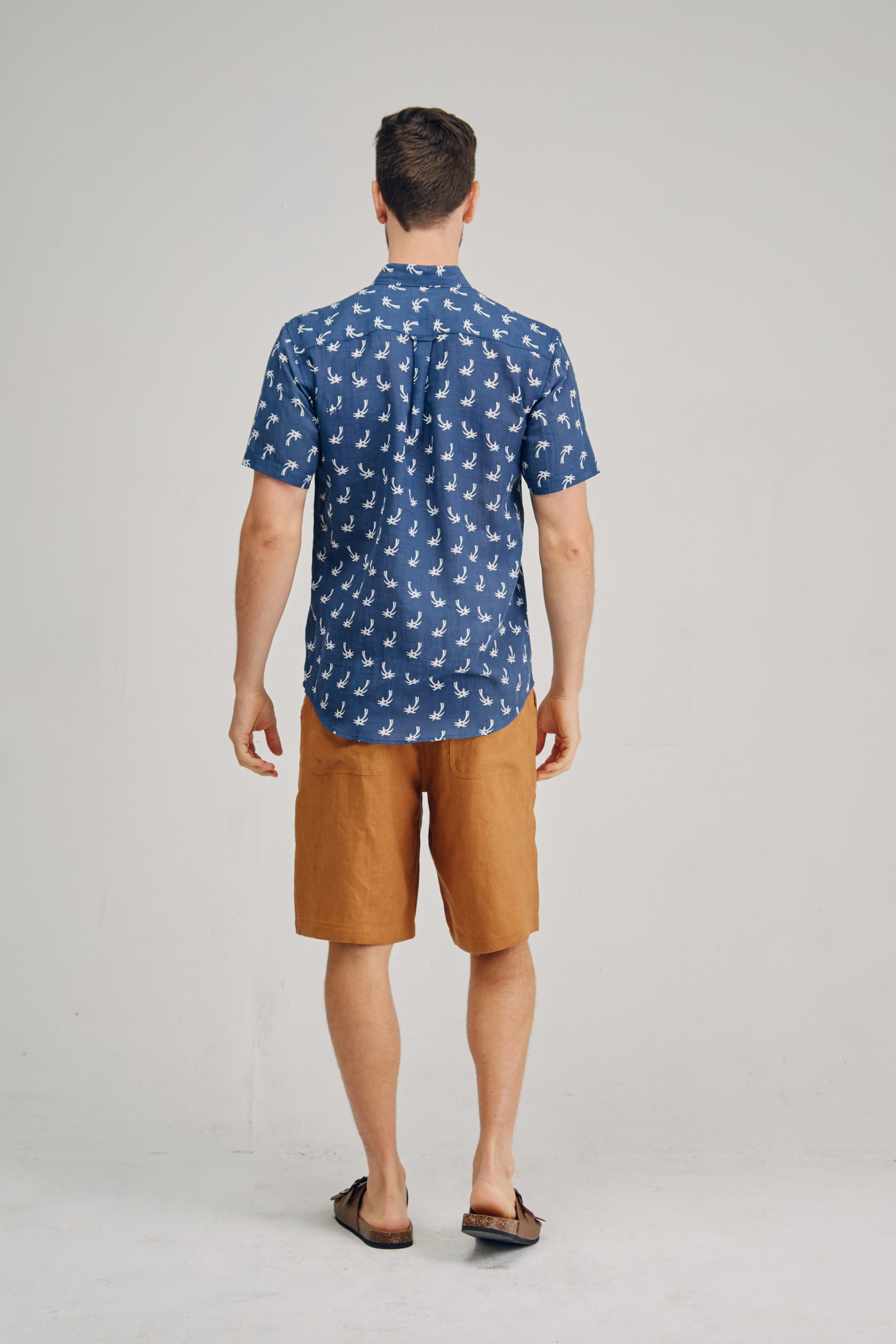 MST2122 NAVY B Men's Hemp Cotton Tree Print Short Sleeve Shirt-Navy
