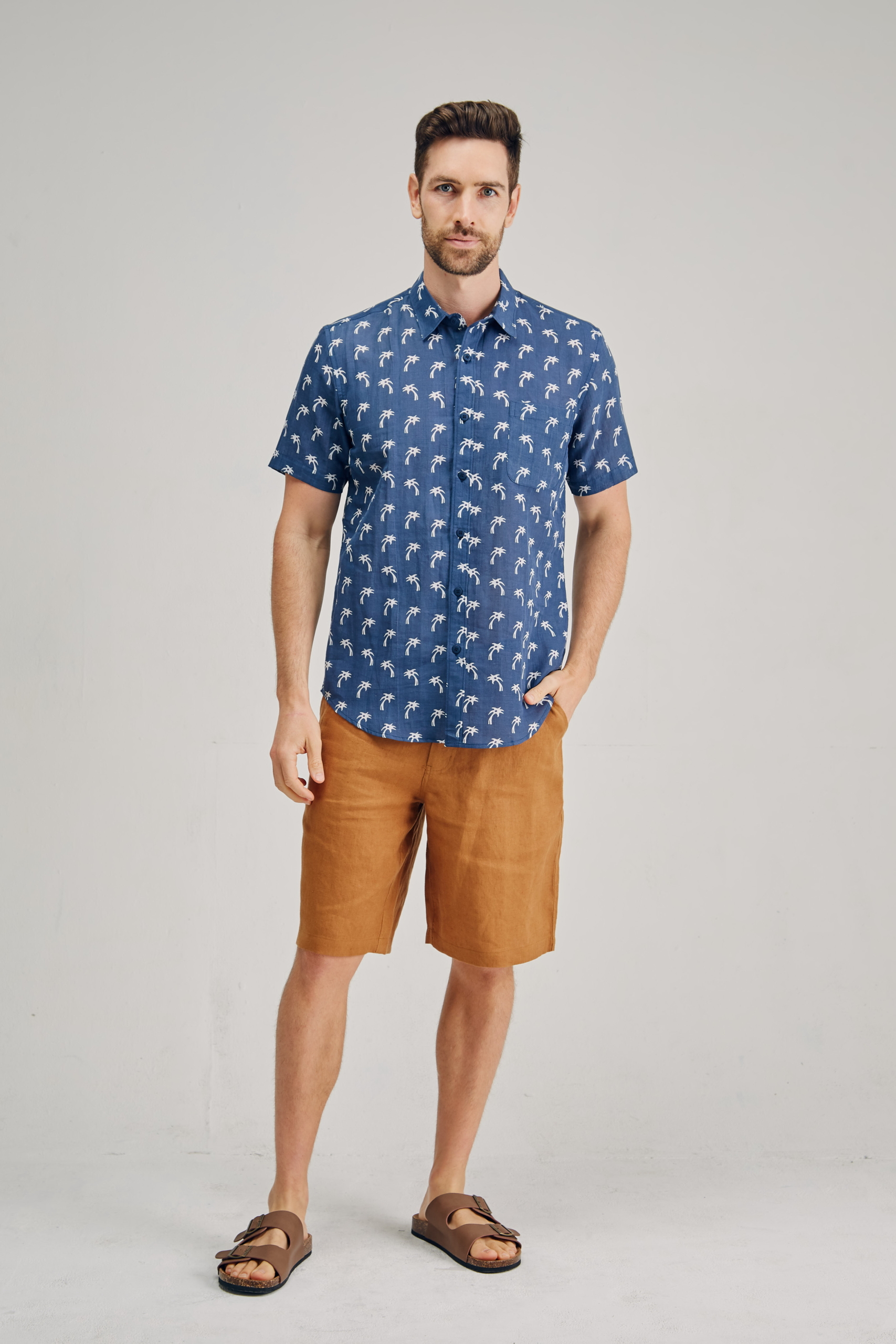 MST2122 NAVY F Men's Hemp Cotton Tree Print Short Sleeve Shirt-Navy