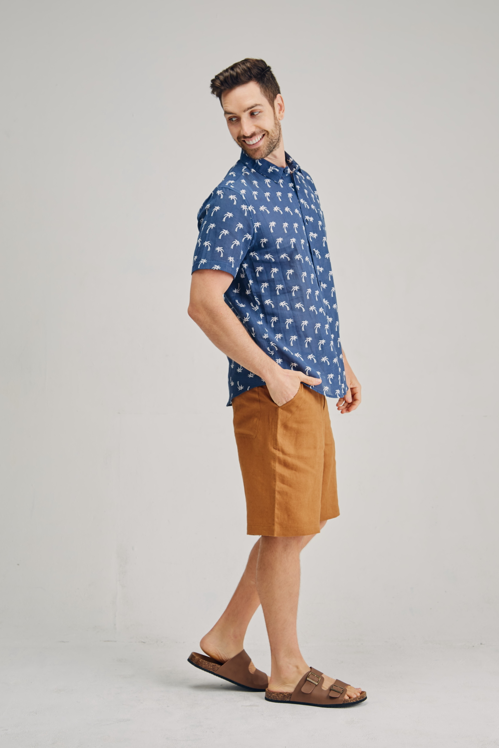 MST2122 NAVY S Men's Hemp Cotton Tree Print Short Sleeve Shirt-Navy