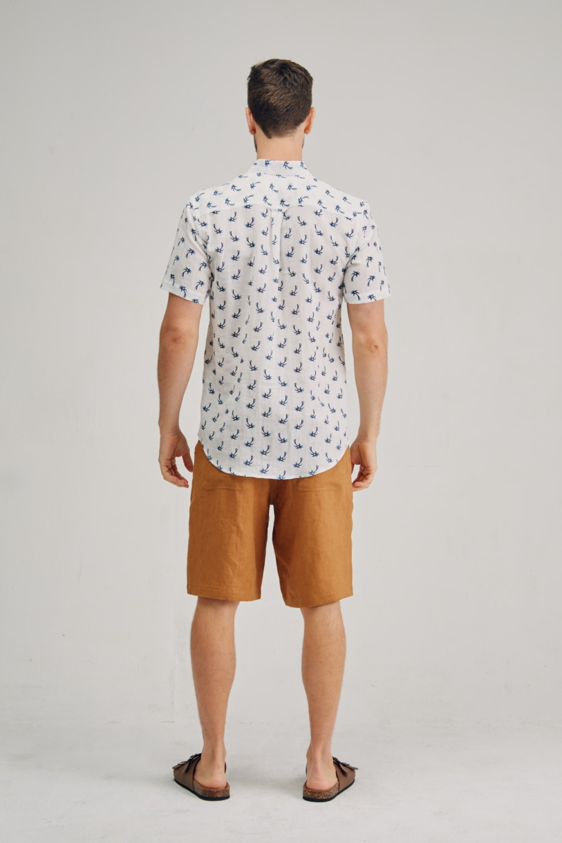 Men's Hemp Cotton Tree Print Short Sleeve Shirt-White