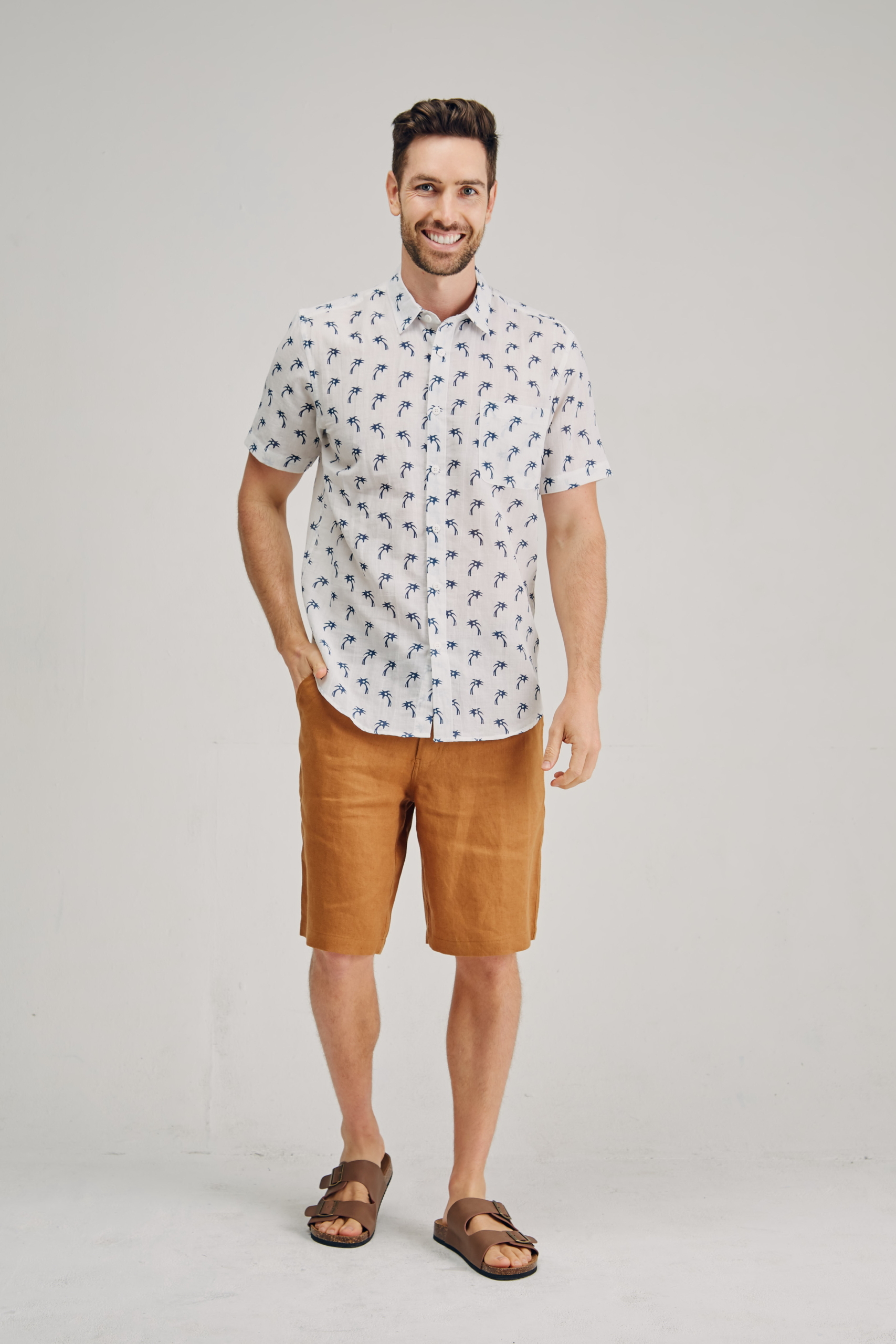 MST2122 WHITE F Men's Hemp Cotton Tree Print Short Sleeve Shirt-White