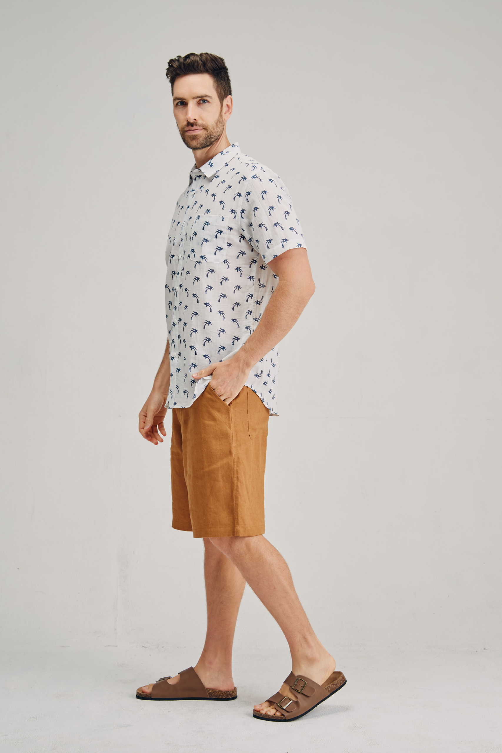 MST2122 WHITE S Men's Hemp Cotton Tree Print Short Sleeve Shirt-White