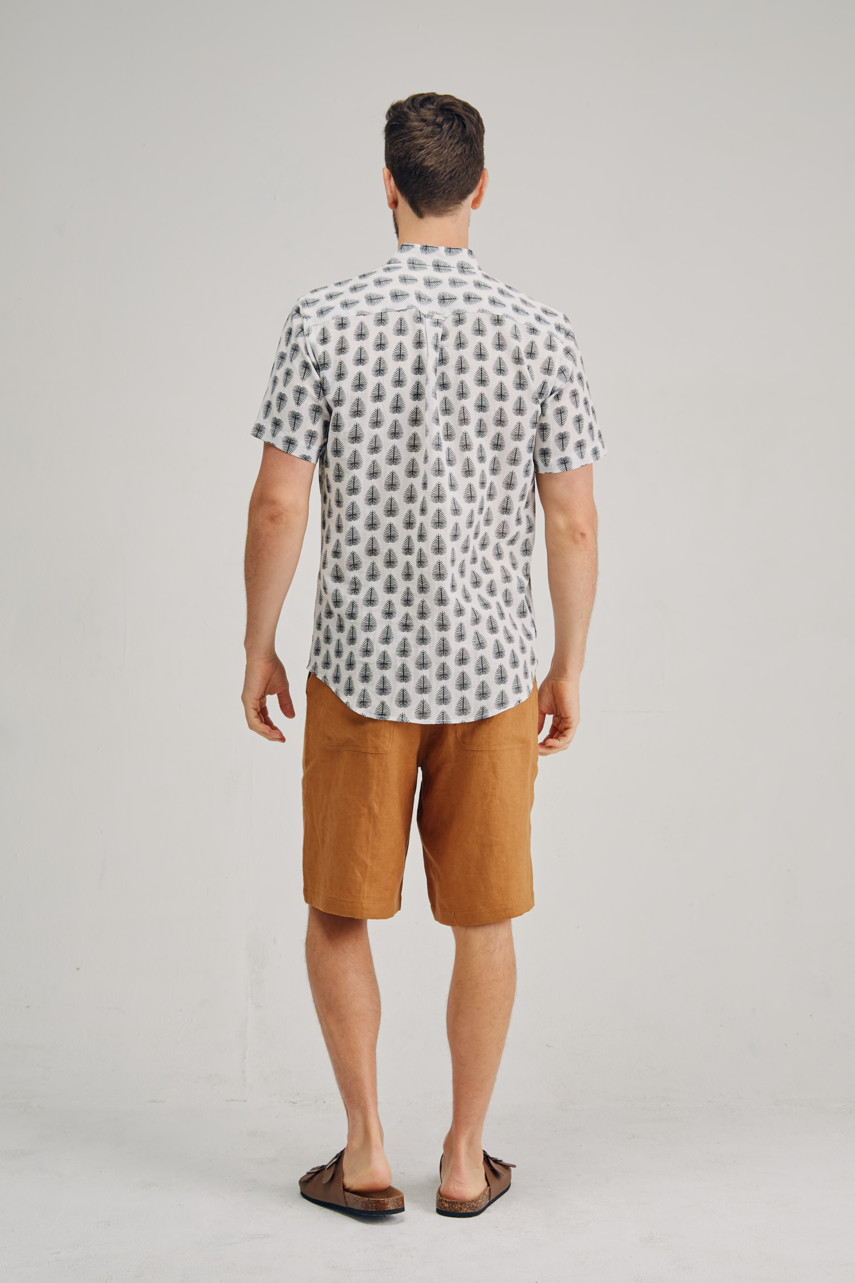 MST2123 BLK PRINT B Men's Hemp Cotton Pine Tree Print Short Sleeve Shirt-Black Print