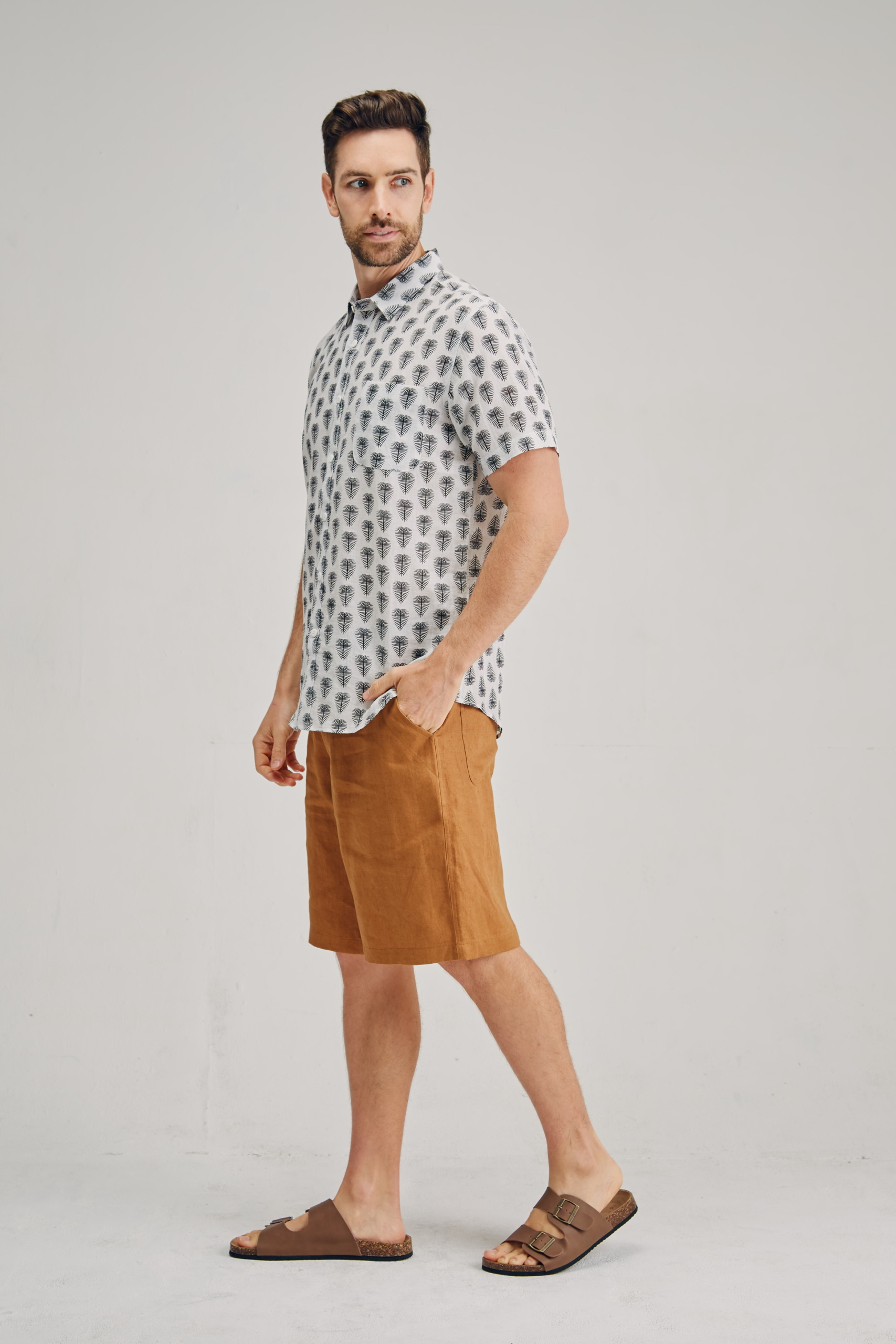 MST2123 BLK PRINT S Men's Hemp Cotton Pine Tree Print Short Sleeve Shirt-Black Print