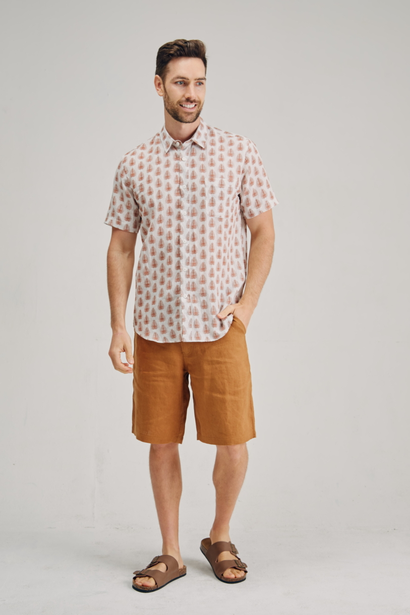 Men's Hemp Cotton Pine Tree Print Short Sleeve Shirt-Rust Print