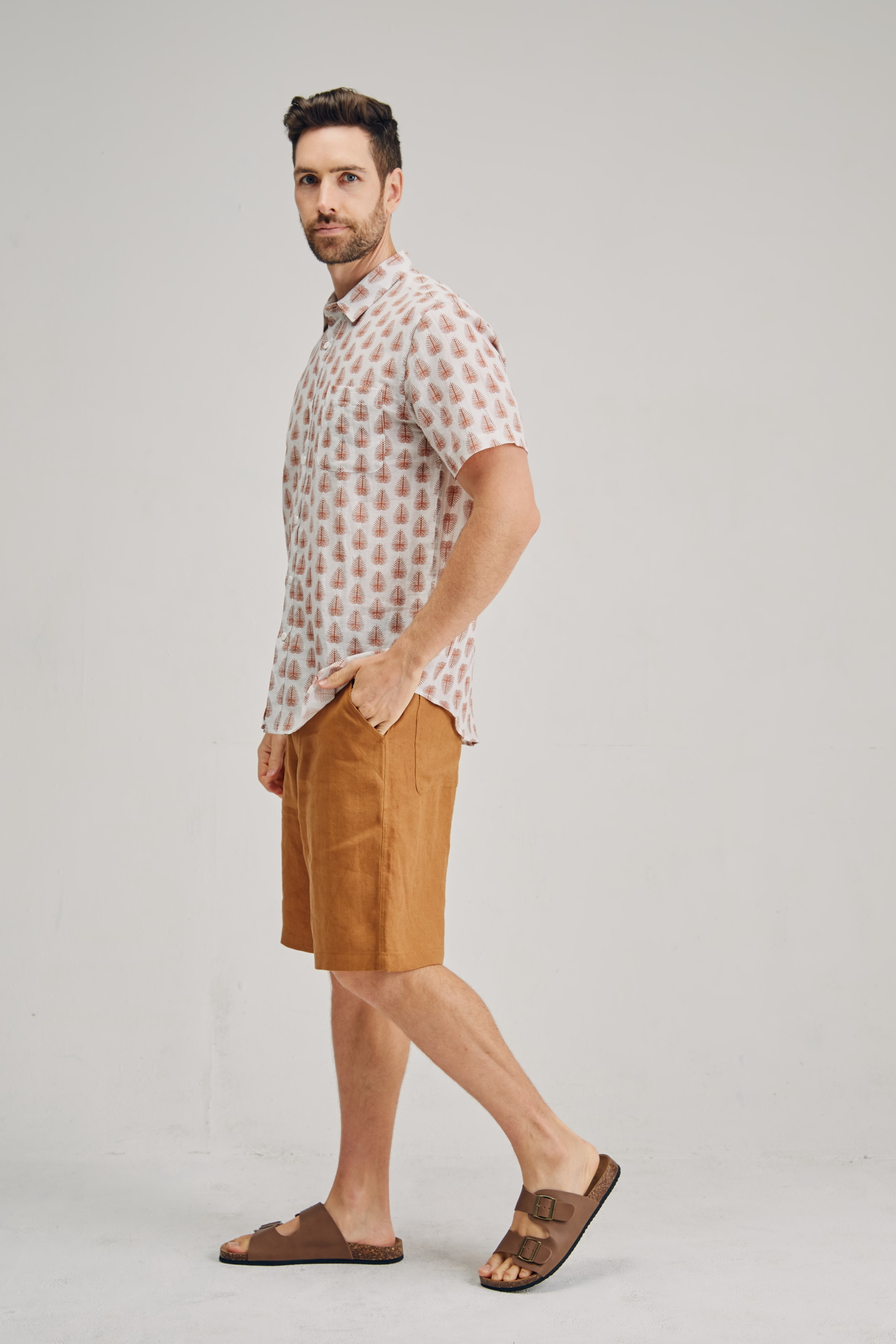 MST2123 RUST PRINT S Men's Hemp Cotton Pine Tree Print Short Sleeve Shirt-Rust Print
