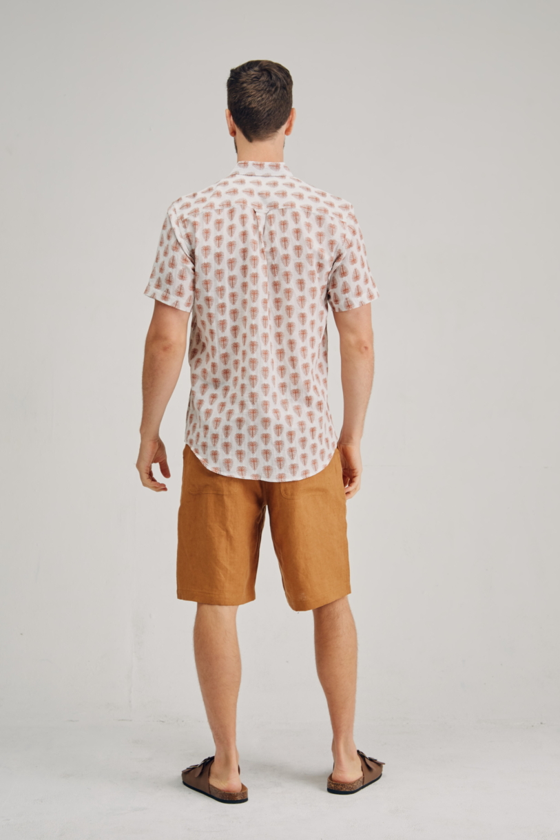 Men's Hemp Cotton Pine Tree Print Short Sleeve Shirt-Rust Print