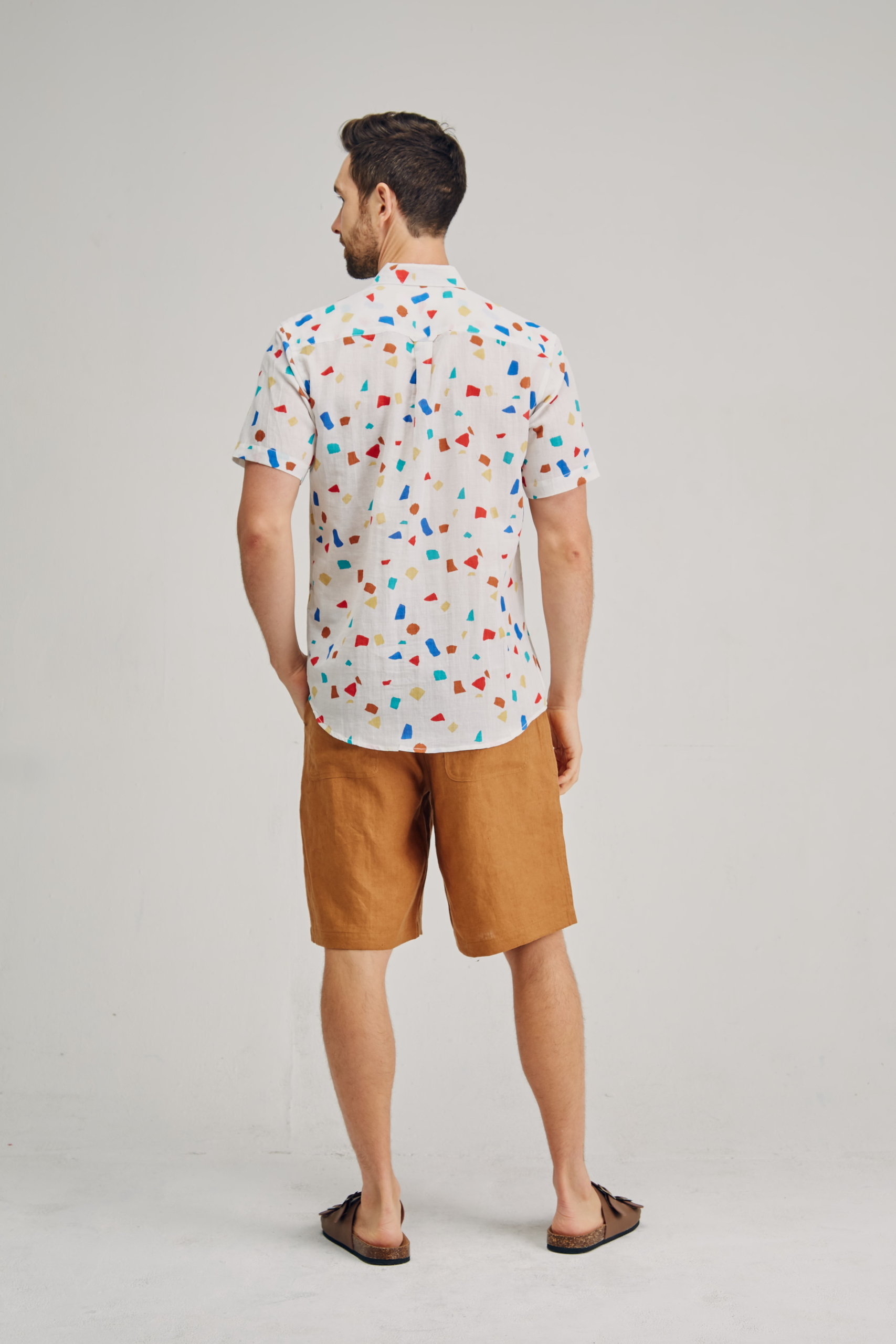 MST2124 WHITE B Men's Hemp Cotton Flake Print Short Sleeve Shirt-White