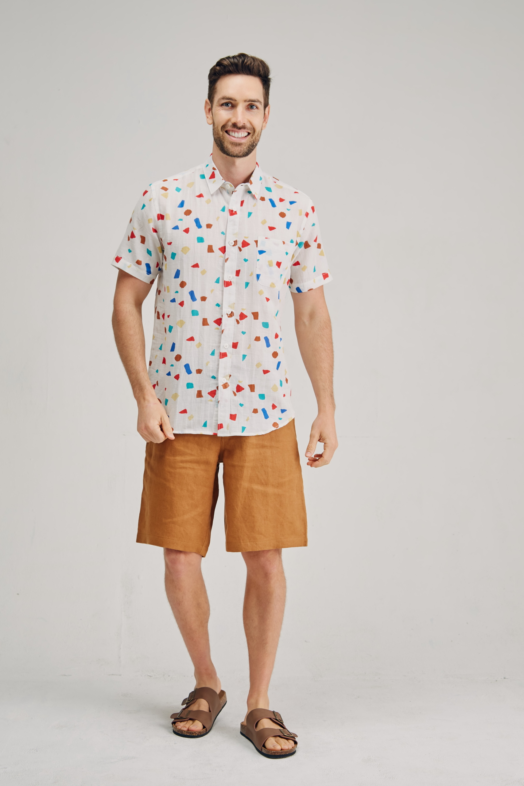 MST2124 WHITE F Men's Hemp Cotton Flake Print Short Sleeve Shirt-White