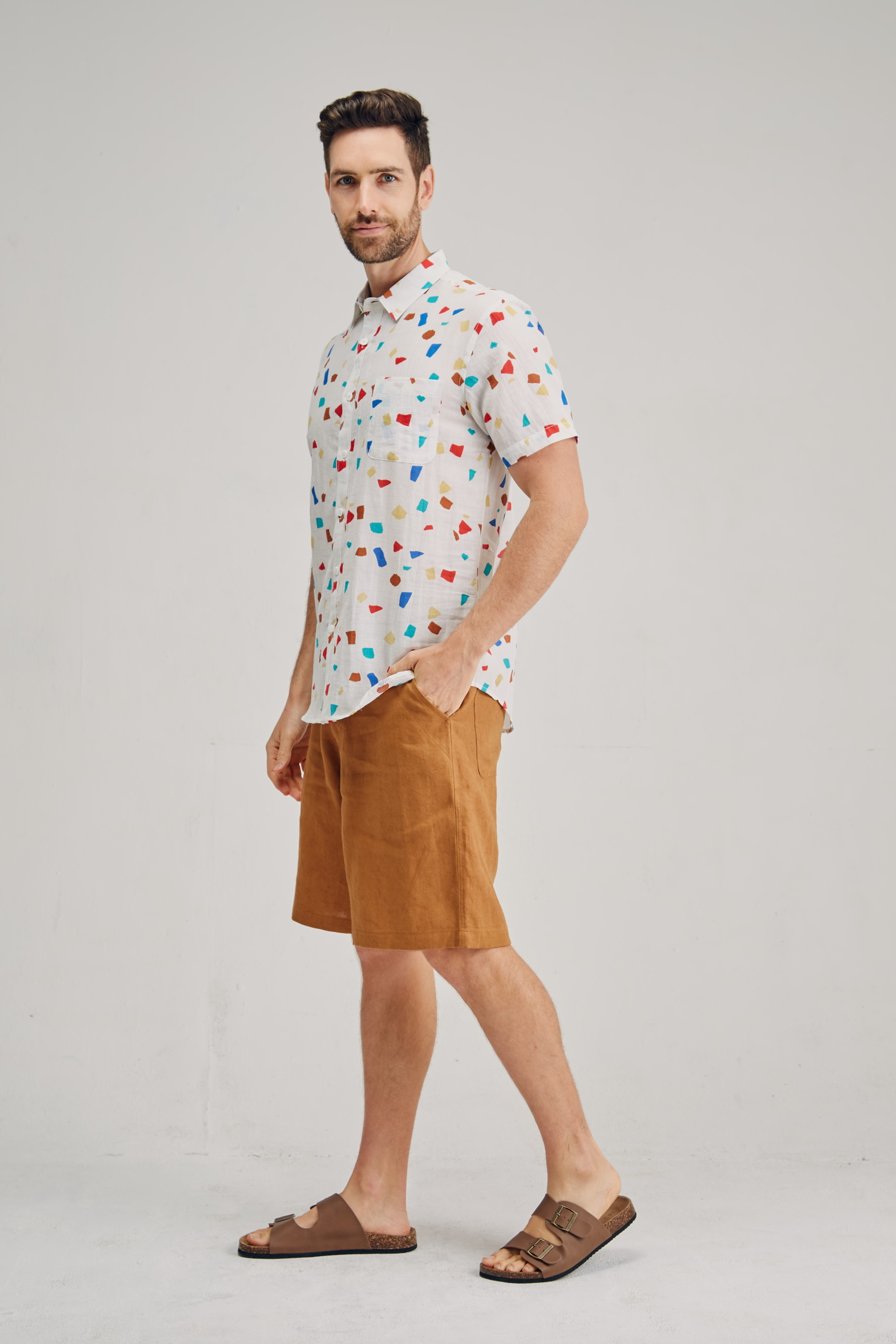 MST2124 WHITE S Men's Hemp Cotton Flake Print Short Sleeve Shirt-White