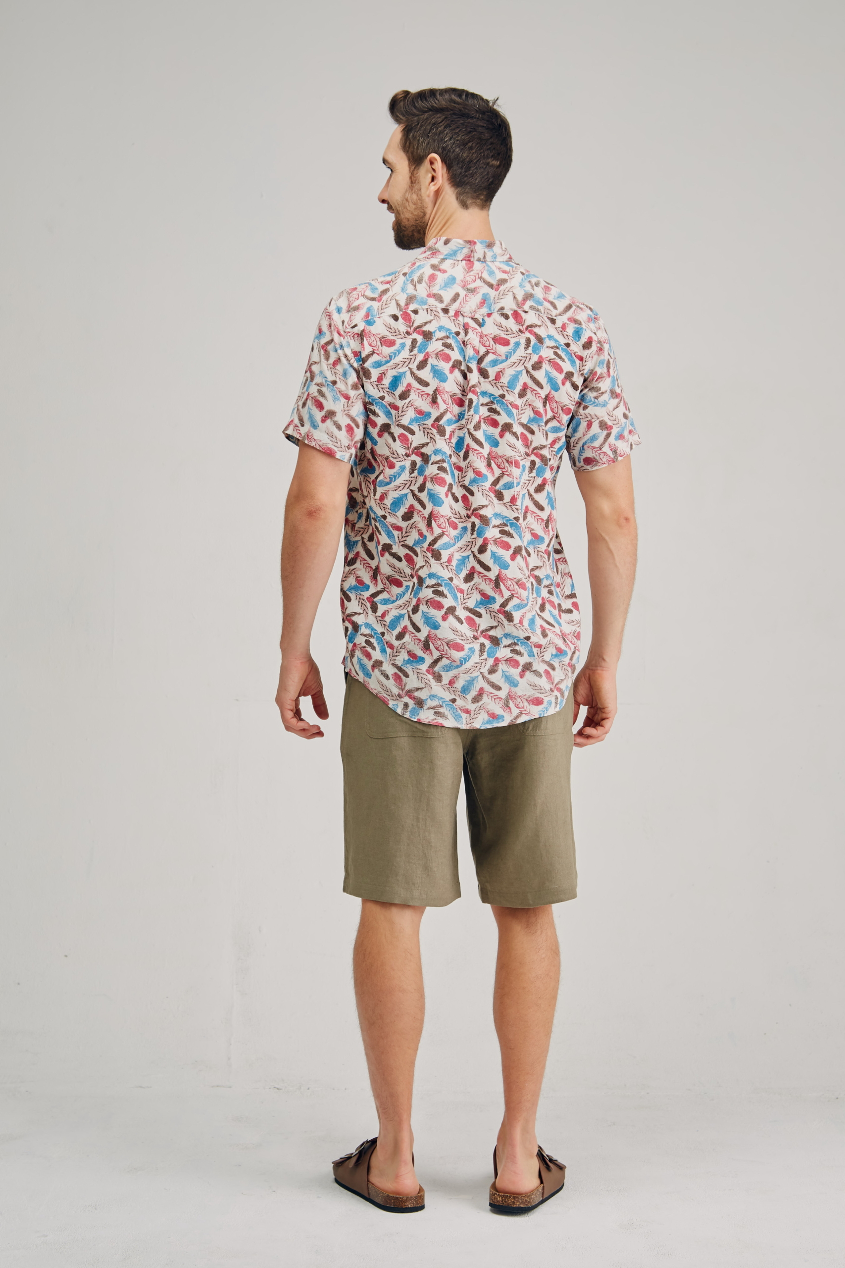MST2125 RED B Men's Hemp Bamboo Feather Print Short Sleeve Shirt-Green