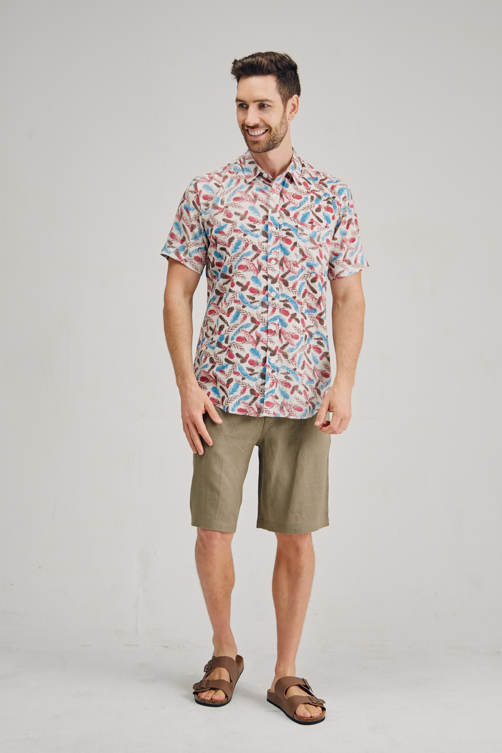 MST2125 RED F Men's Hemp Bamboo Feather Print Short Sleeve Shirt-Green