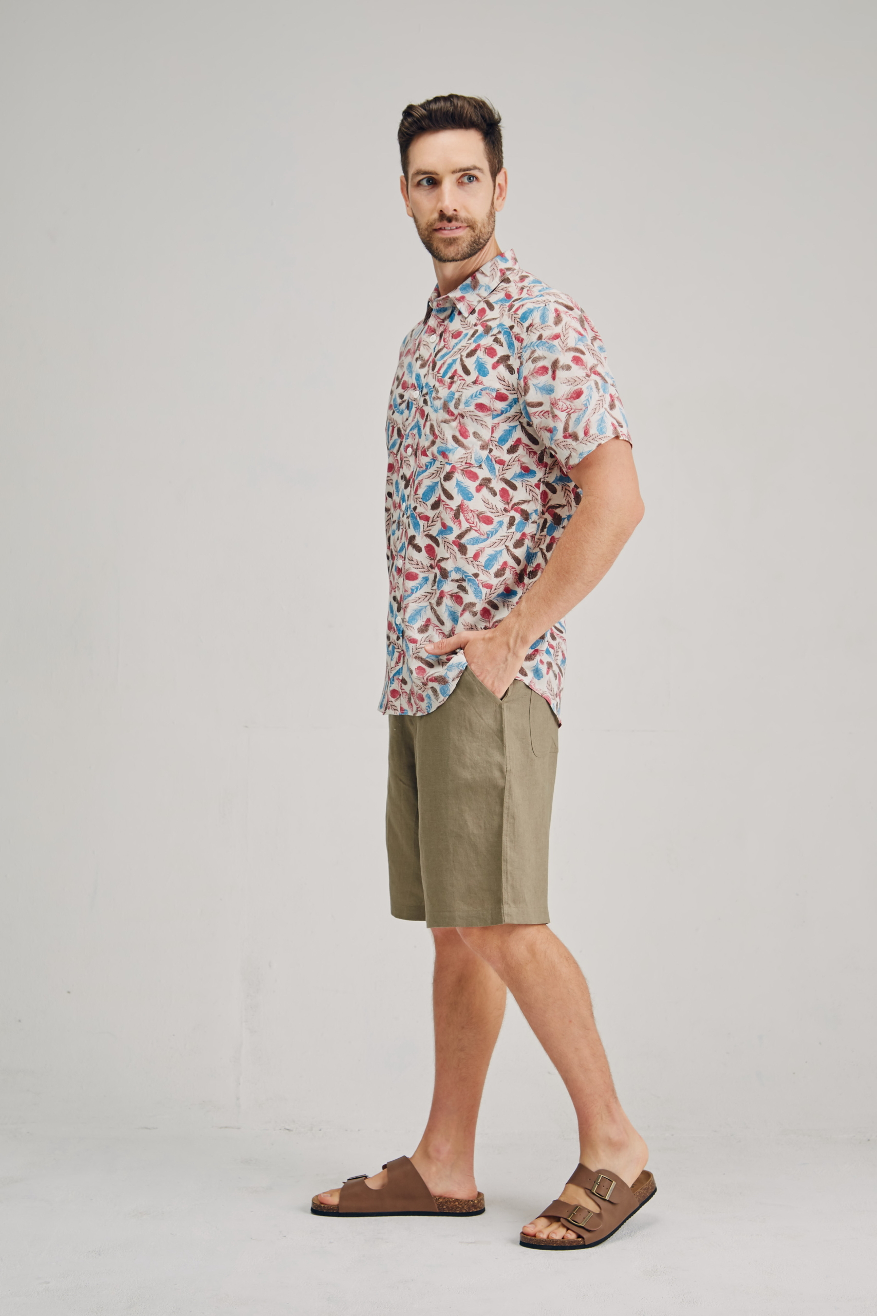 MST2125 RED S Men's Hemp Bamboo Feather Print Short Sleeve Shirt-Green