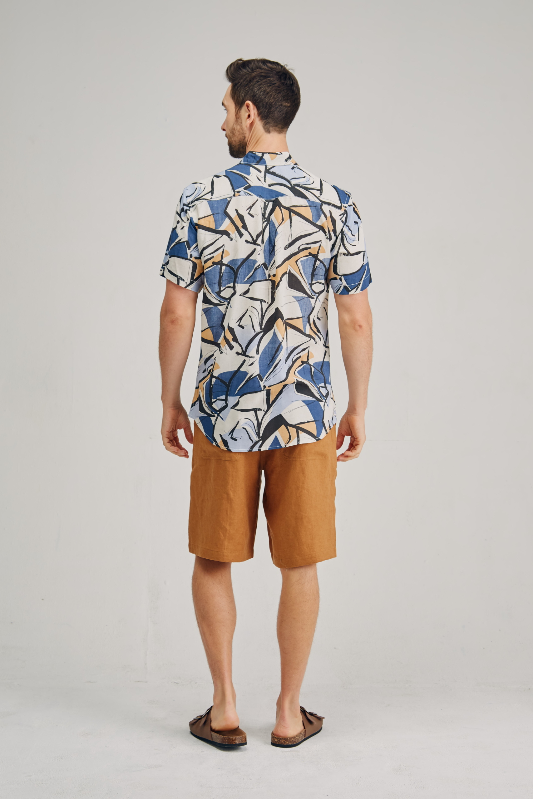 MST2127 BLUE B Men's Hemp Bamboo Print Short Sleeve Shirt-Blue