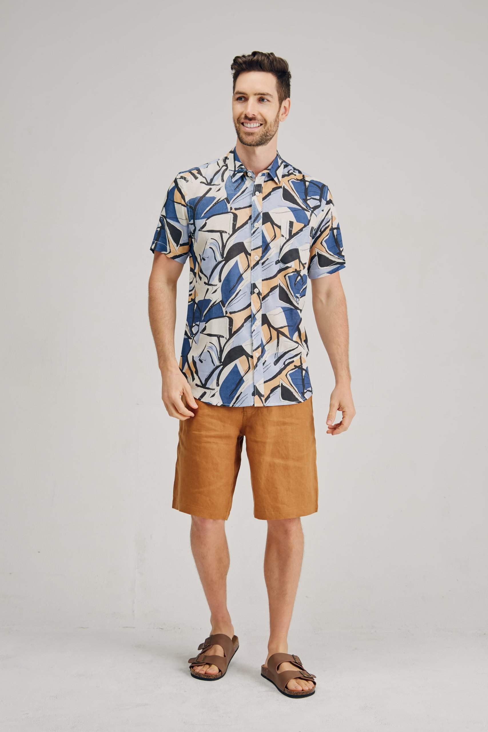 MST2127 BLUE F Men's Hemp Bamboo Print Short Sleeve Shirt-Blue