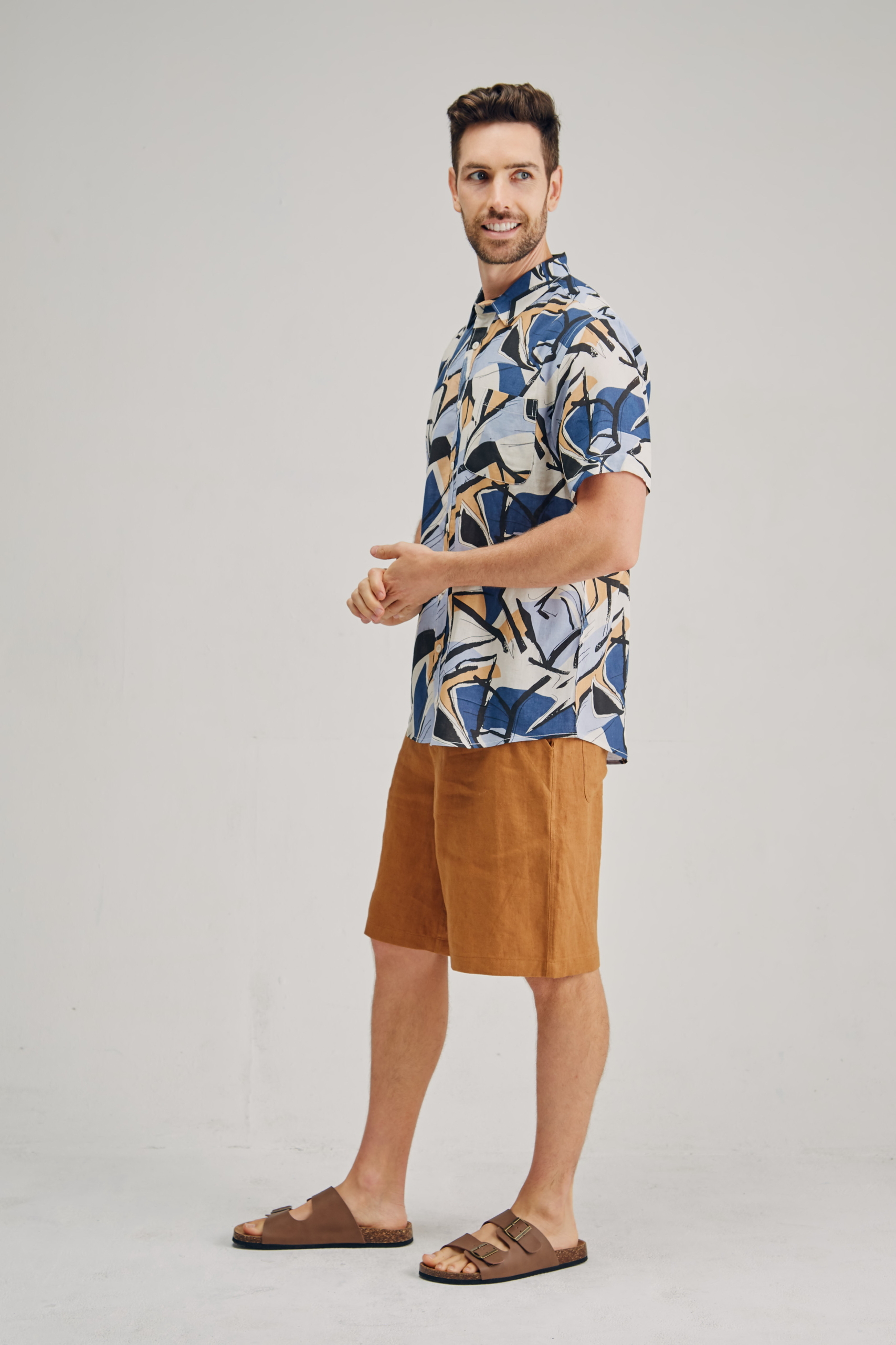 MST2127 BLUE S Men's Hemp Bamboo Print Short Sleeve Shirt-Blue