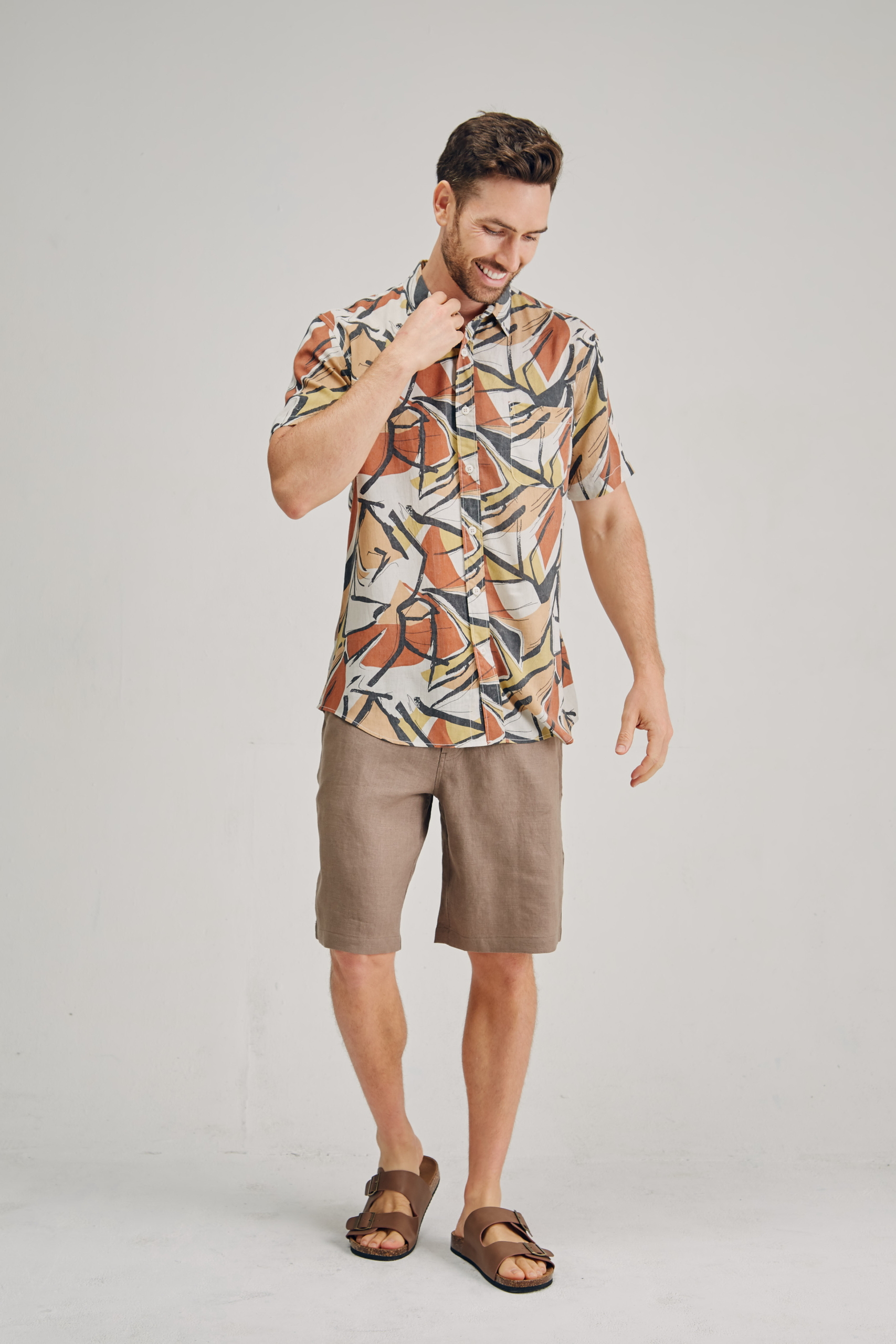MST2127 YELLOW F Men's Hemp Bamboo Print Short Sleeve Shirt-Blue