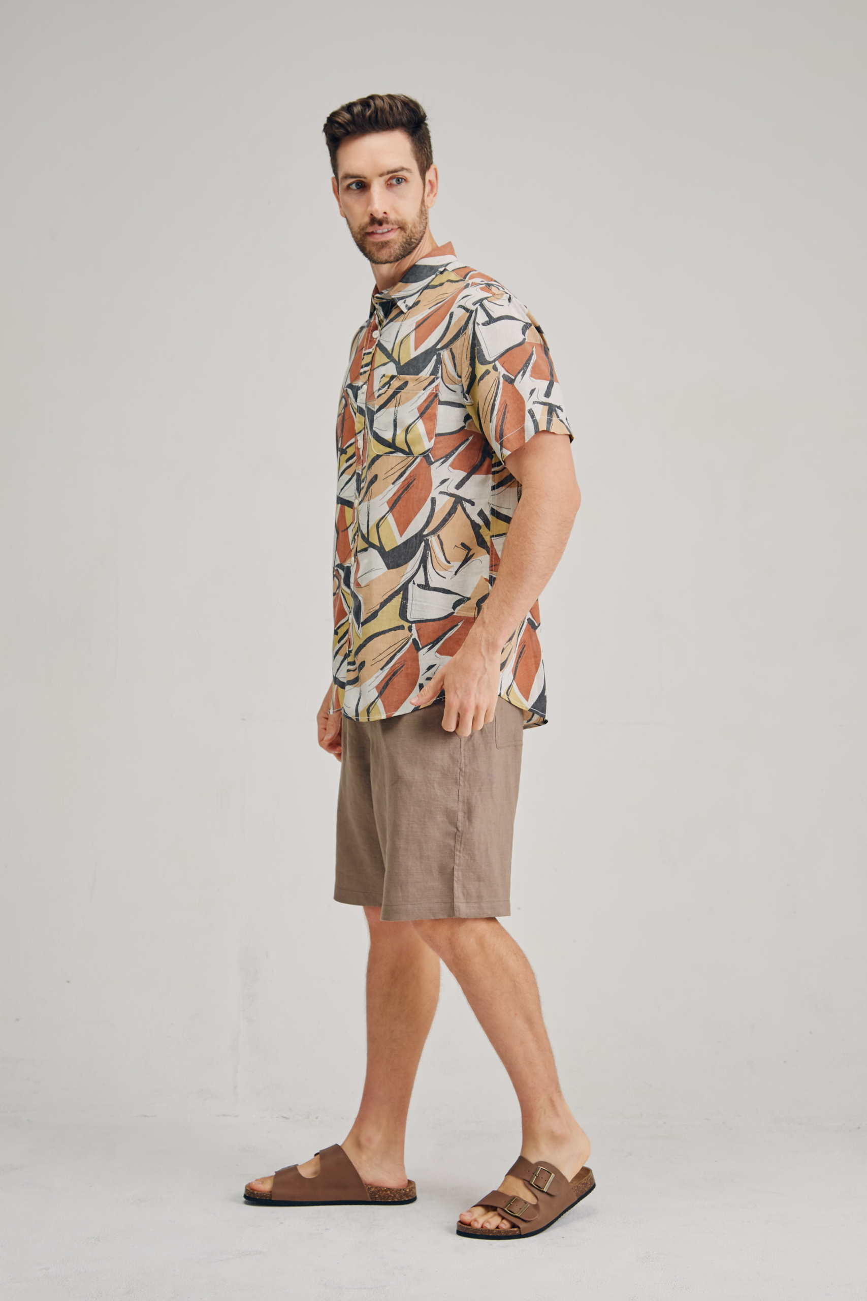MST2127 YELLOW S Men's Hemp Bamboo Print Short Sleeve Shirt-Blue