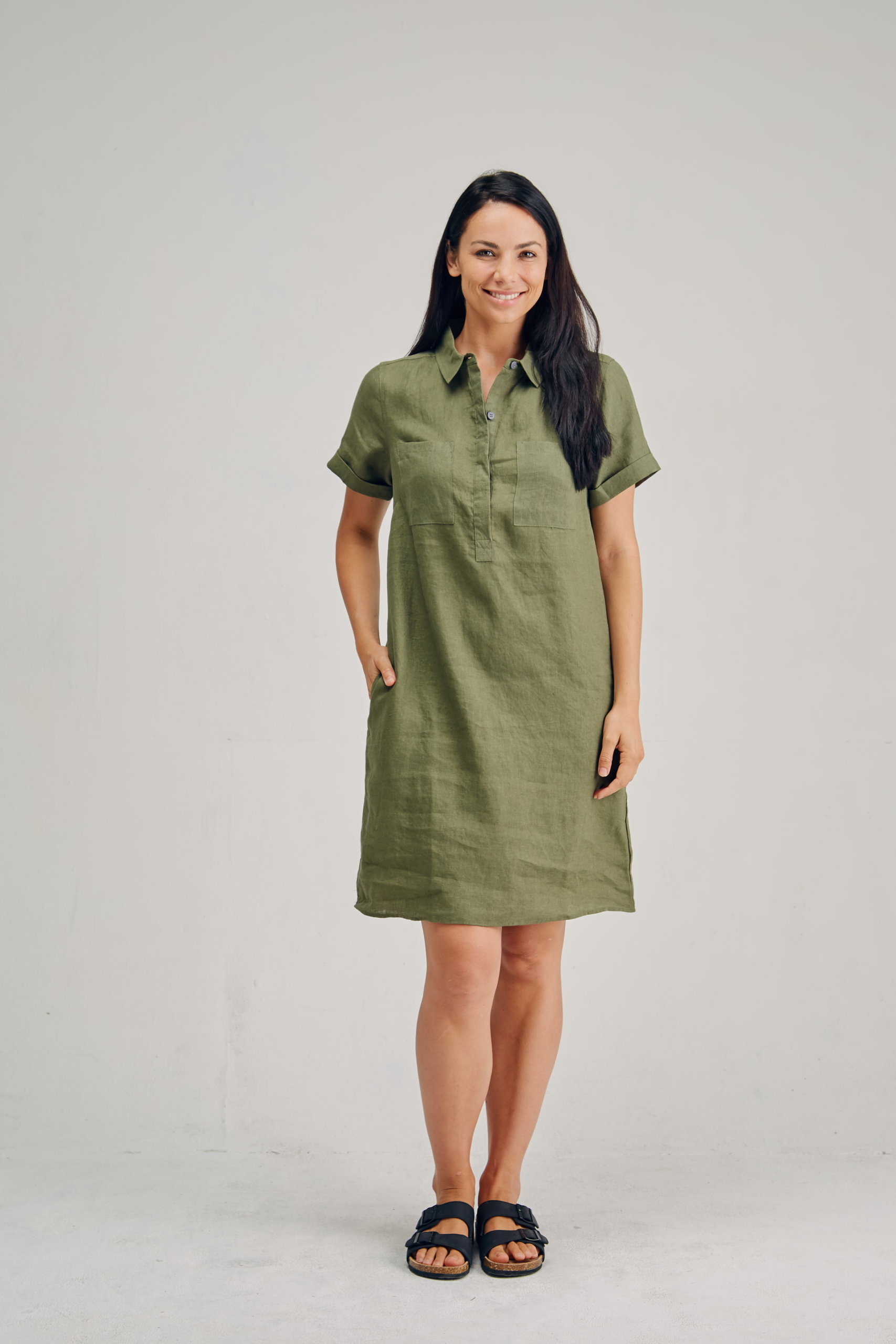 LSB2182 KHAKI F Ladies' 100%Hemp Shirt Dress-Khaki