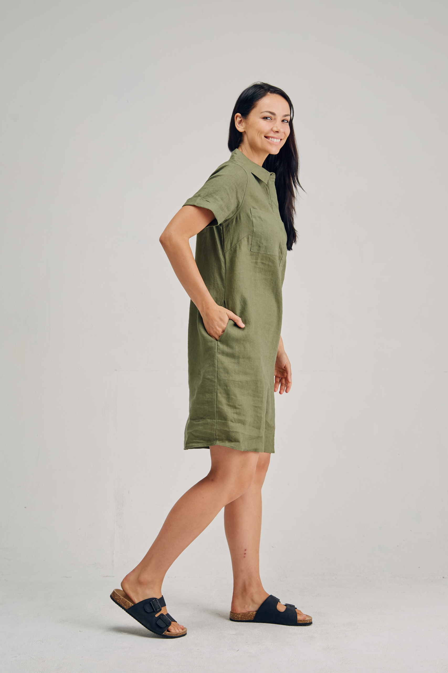 LSB2182 KHAKI S Ladies' 100%Hemp Shirt Dress-Khaki