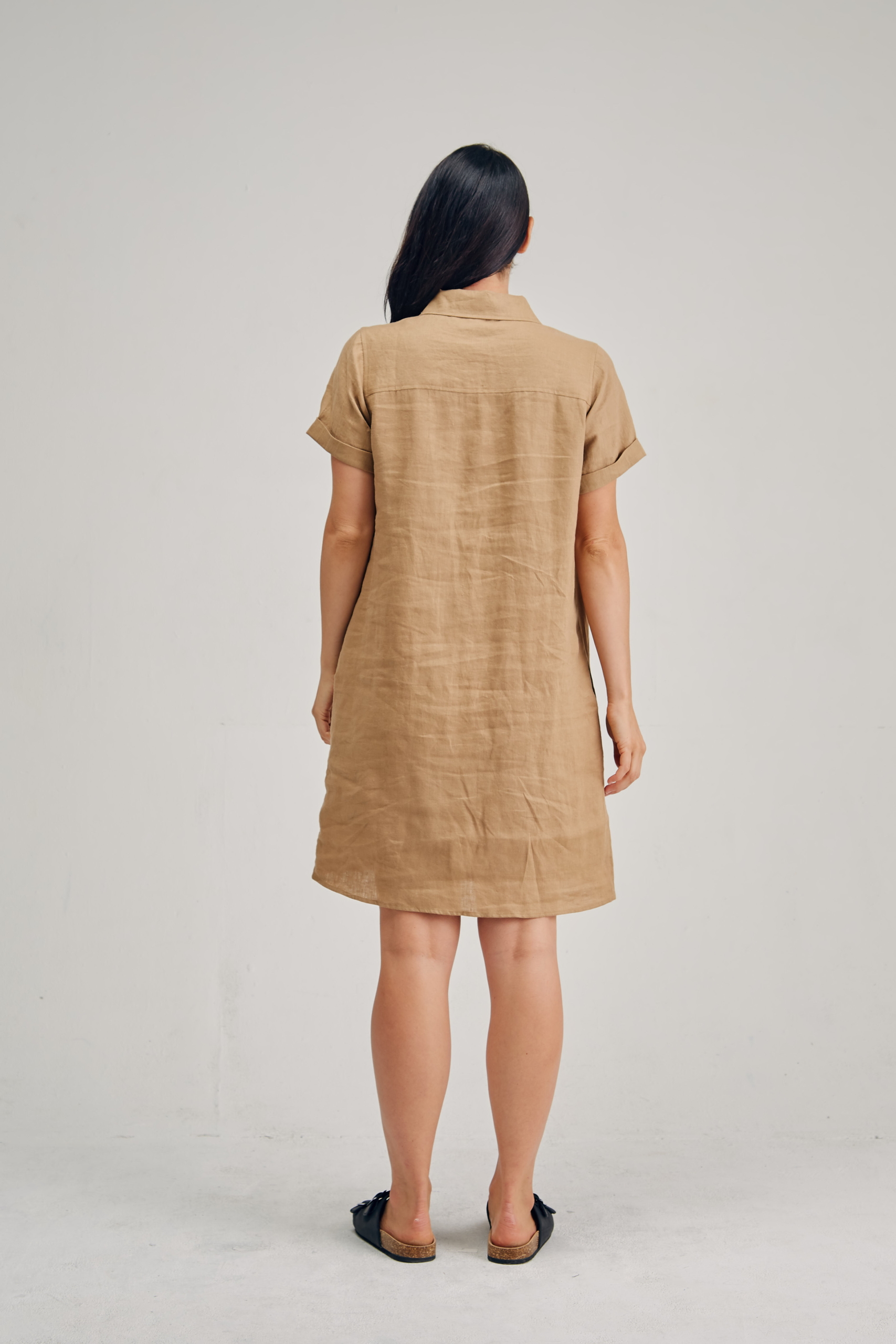 LSB2182 TAN B Ladies' 100%Hemp Shirt Dress-Khaki