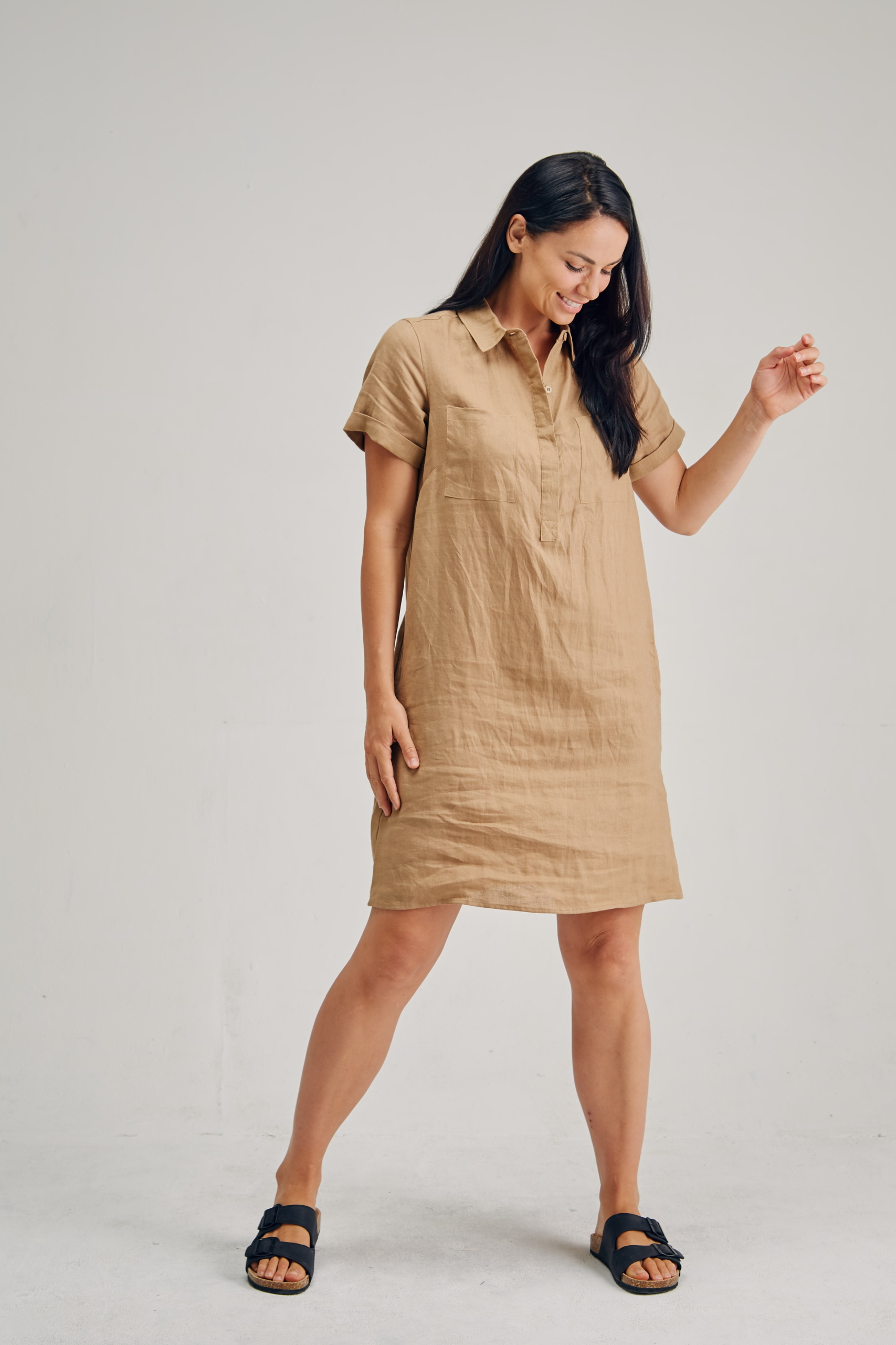 LSB2182 TAN F Ladies' 100%Hemp Shirt Dress-Khaki