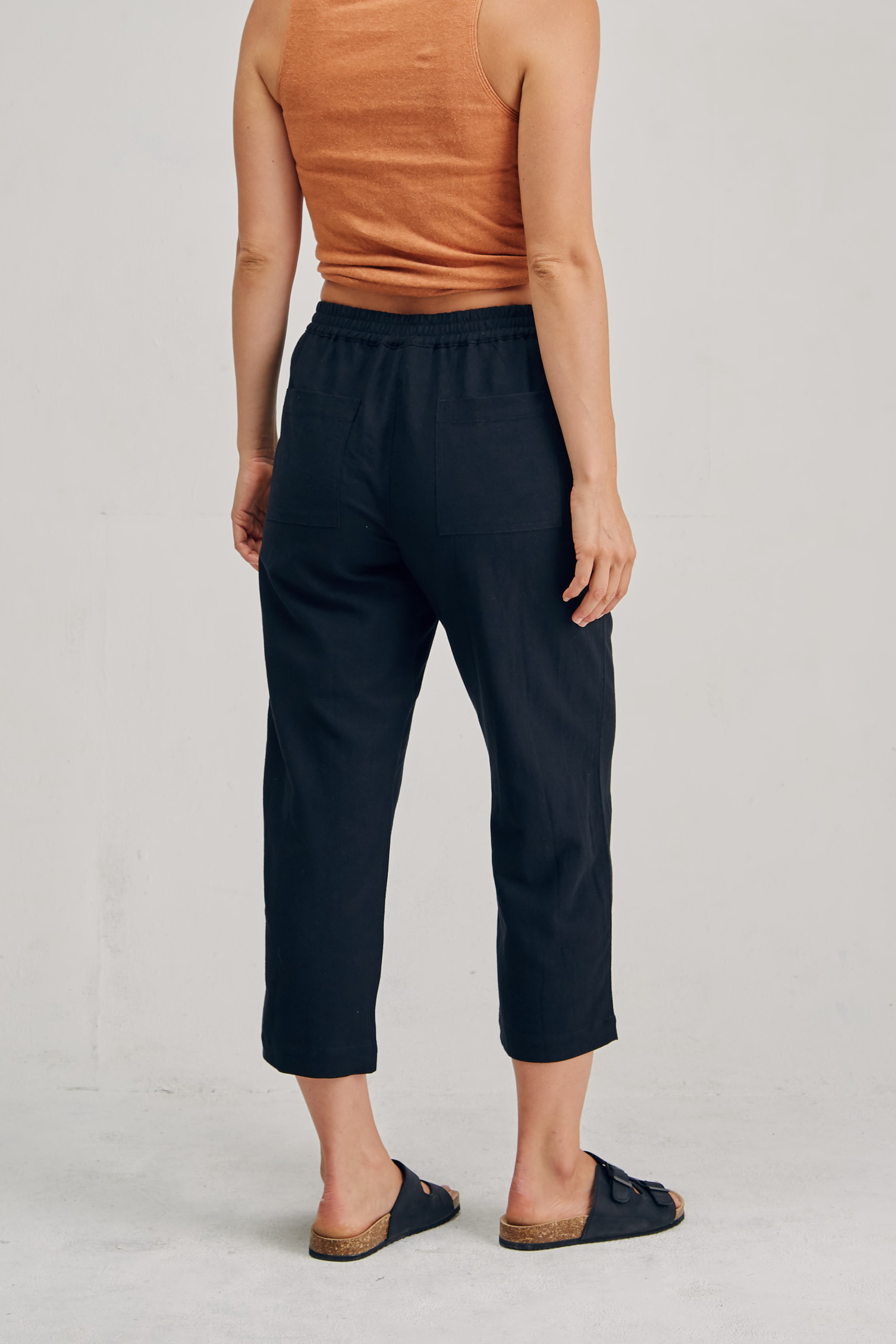 LSB2184 BLACK B Ladies' Hemp Cotton 7/8 Elastic Waist Pants-Black