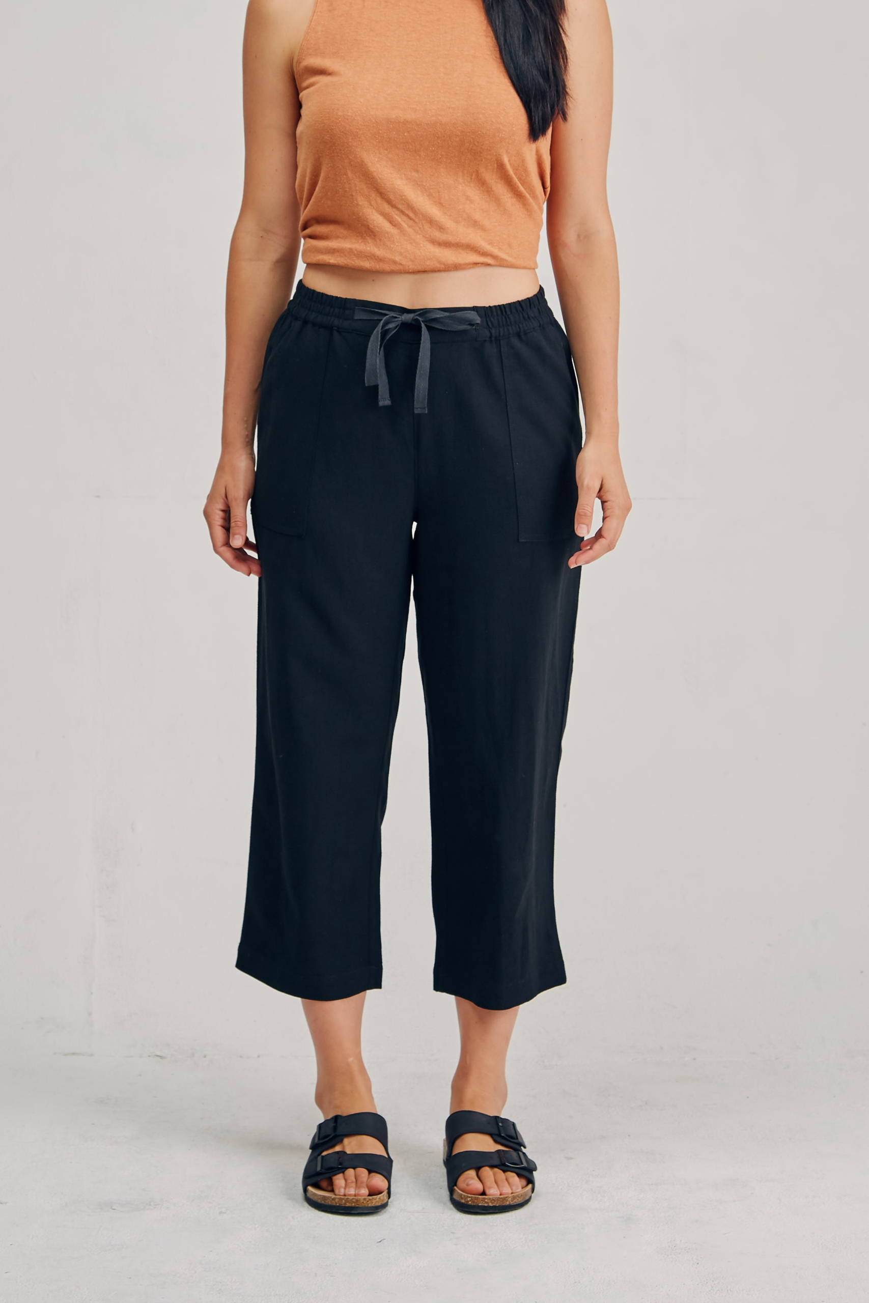 LSB2184 BLACK F Ladies' Hemp Cotton 7/8 Elastic Waist Pants-Black