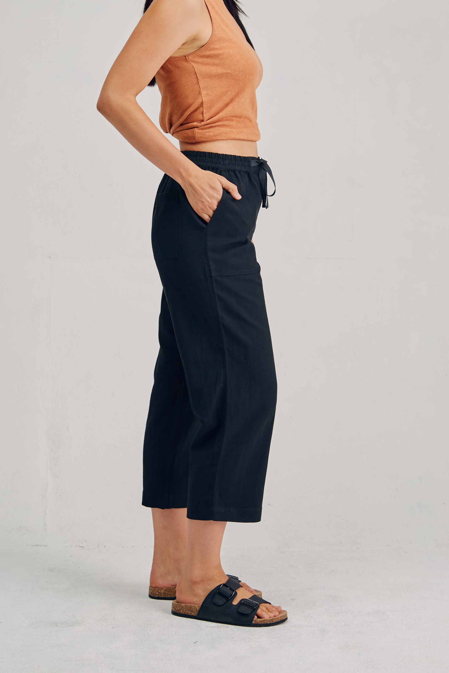 LSB2184 BLACK S Ladies' Hemp Cotton 7/8 Elastic Waist Pants-Black