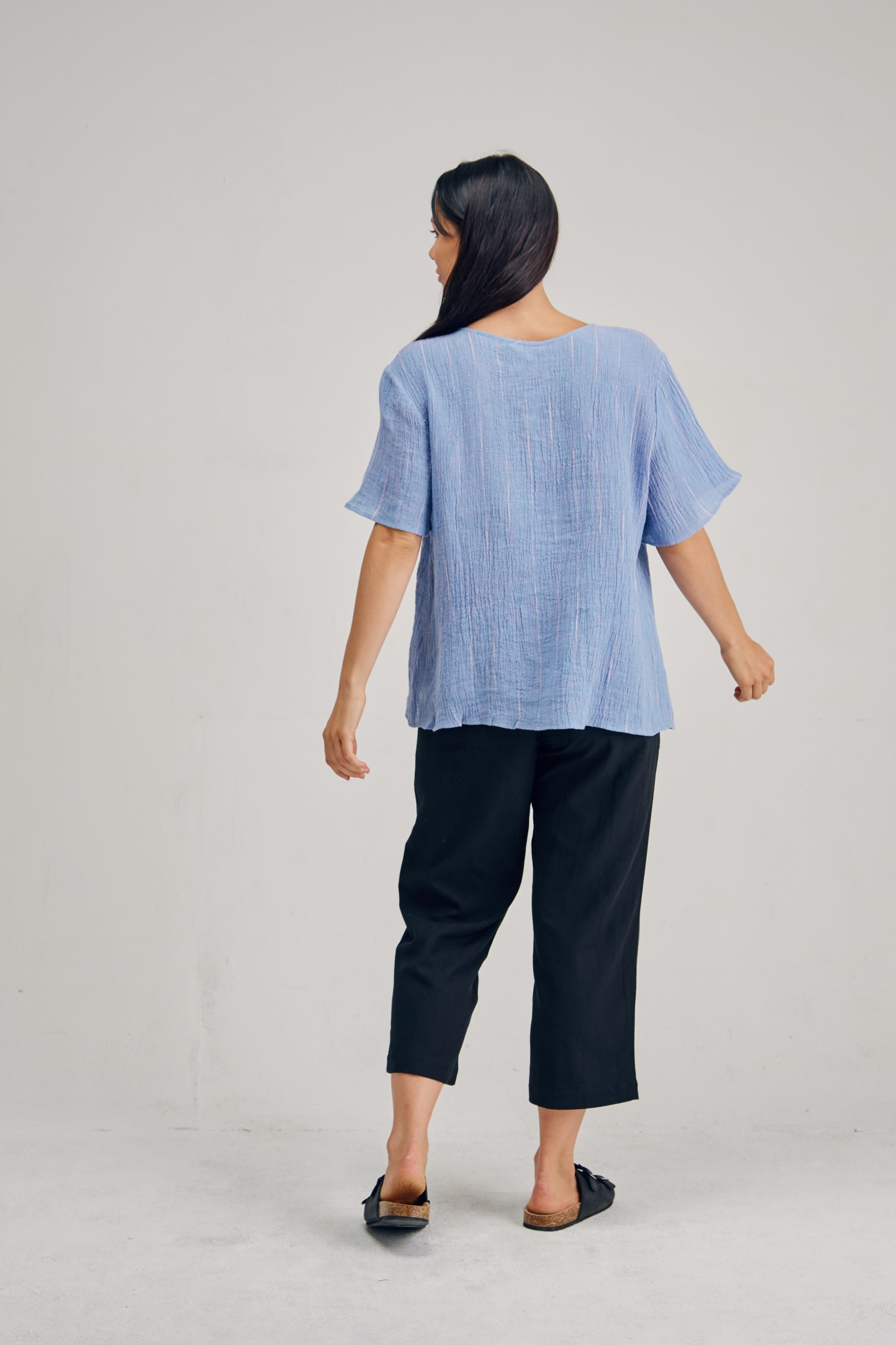 LST2166 BLUE B Ladies' 100%Hemp Wrinkle Fabric Blouse-Blue