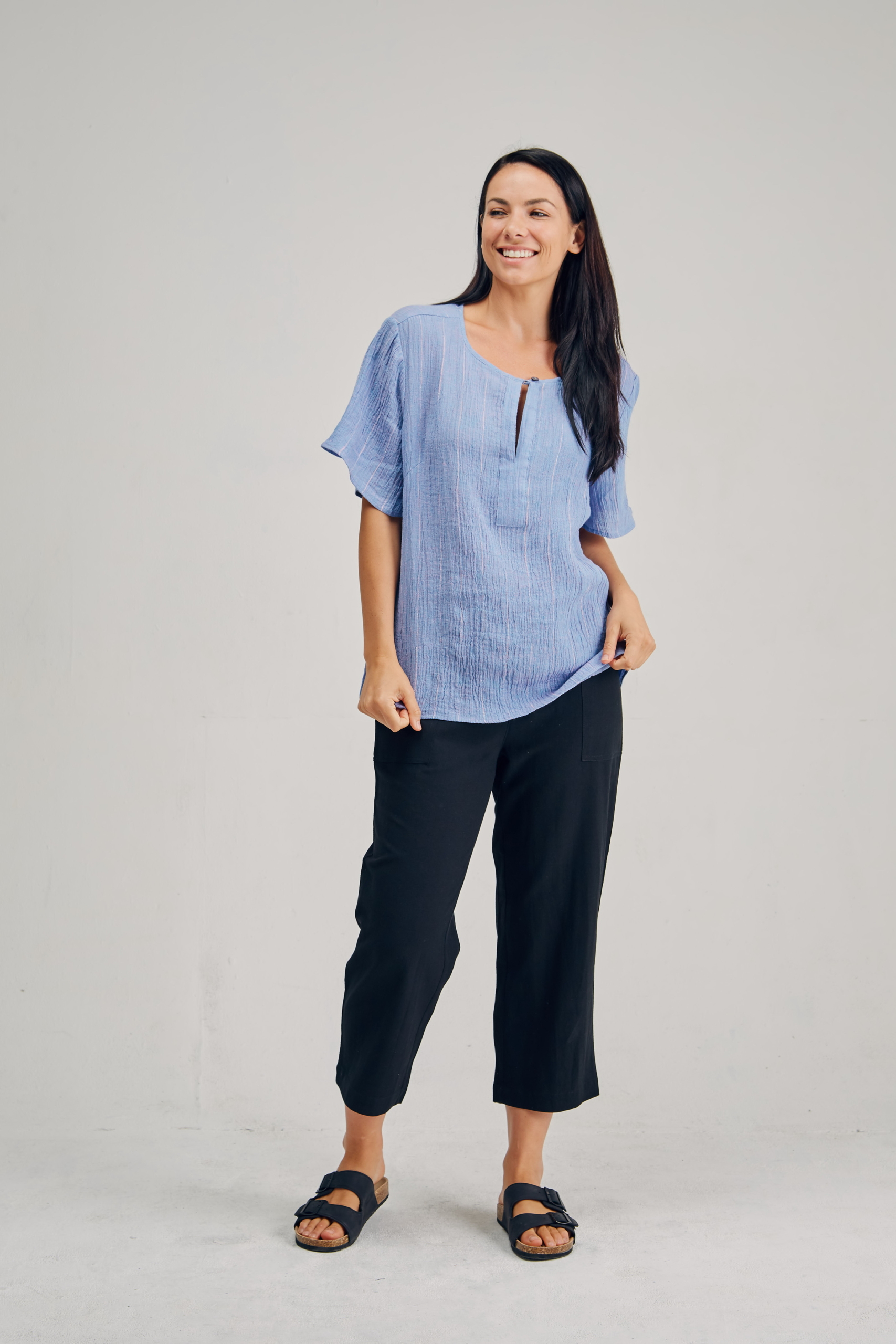 LST2166 BLUE F Ladies' 100%Hemp Wrinkle Fabric Blouse-Blue