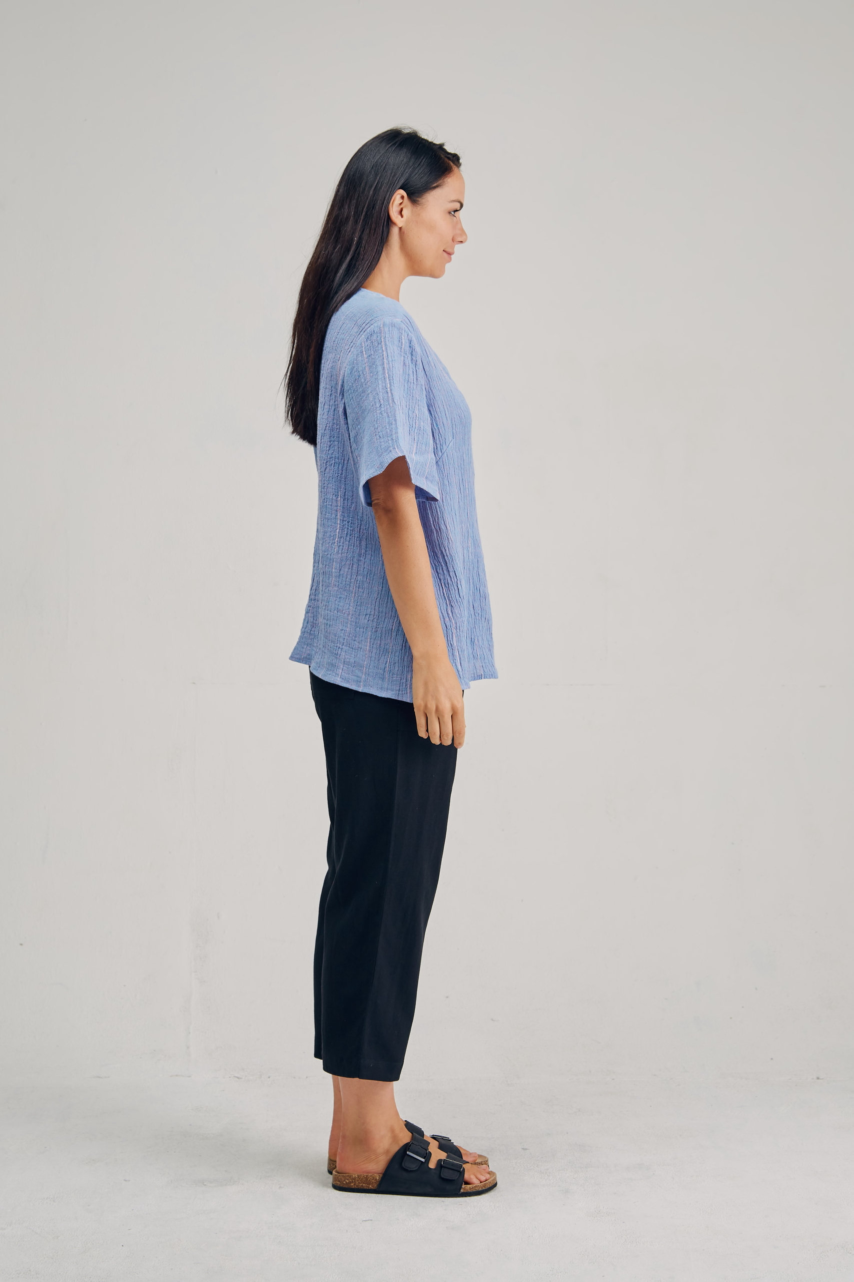 LST2166 BLUE S Ladies' 100%Hemp Wrinkle Fabric Blouse-Blue