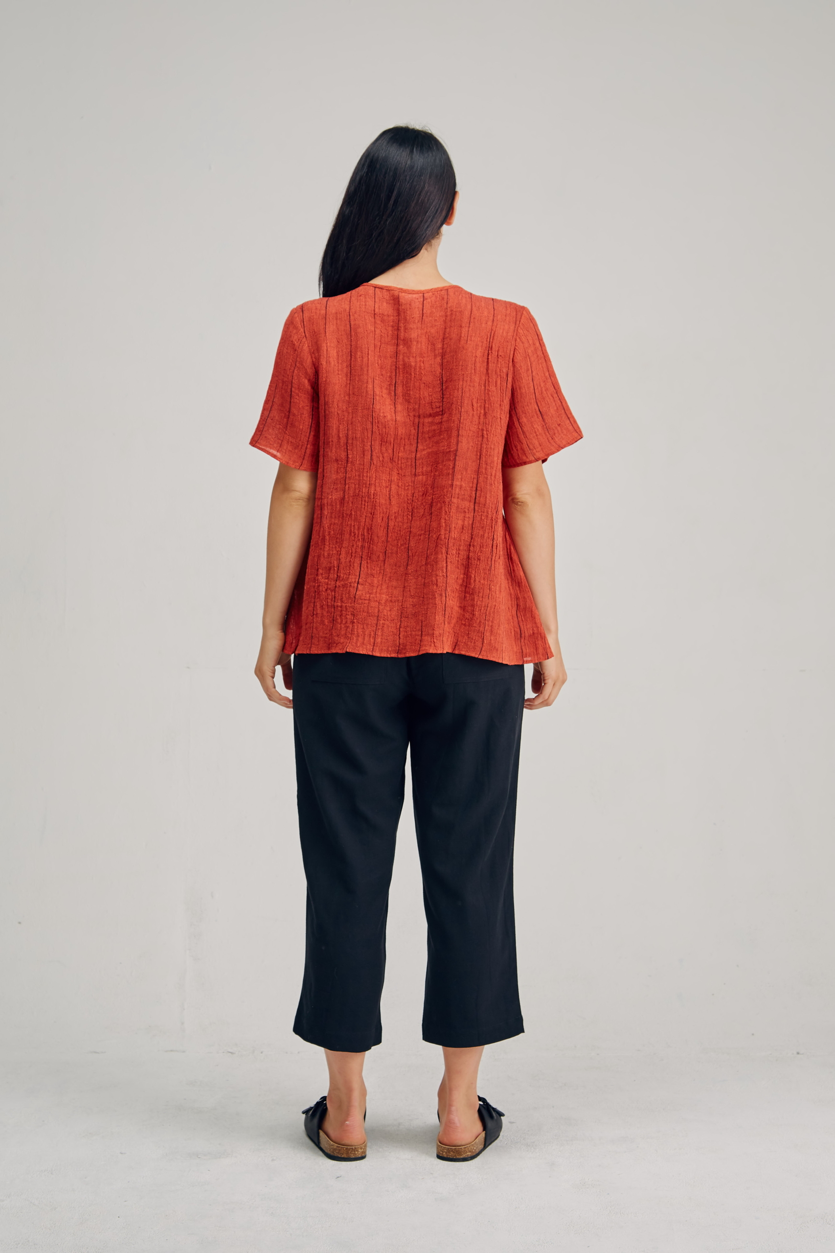 LST2166 RED CLAY B Ladies' 100%Hemp Wrinkle Fabric Blouse-Blue