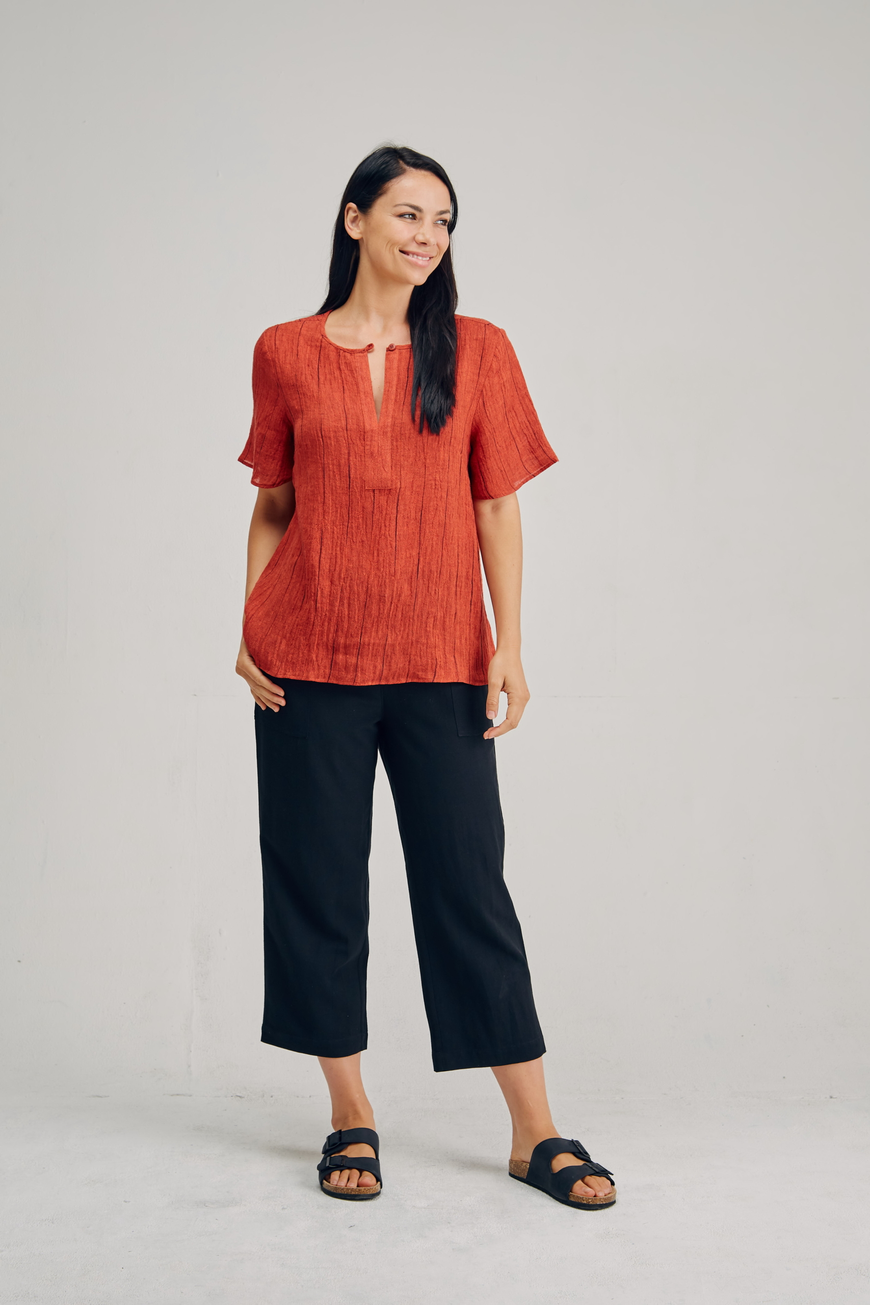 LST2166 RED CLAY F Ladies' 100%Hemp Wrinkle Fabric Blouse-Blue