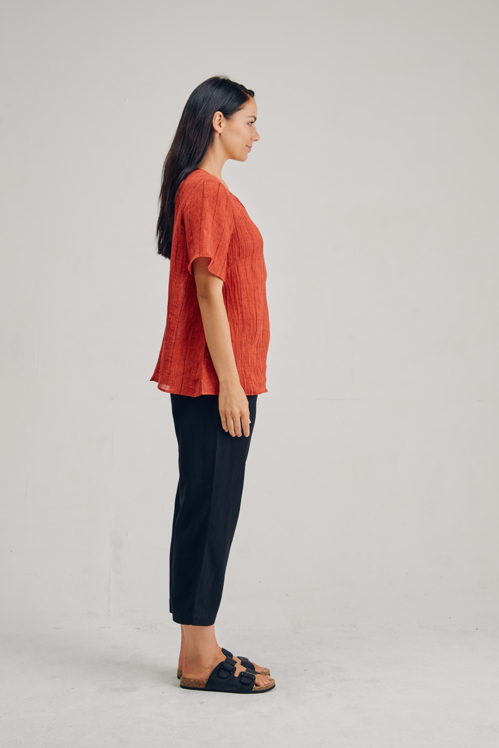 LST2166 RED CLAY S Ladies' 100%Hemp Wrinkle Fabric Blouse-Blue