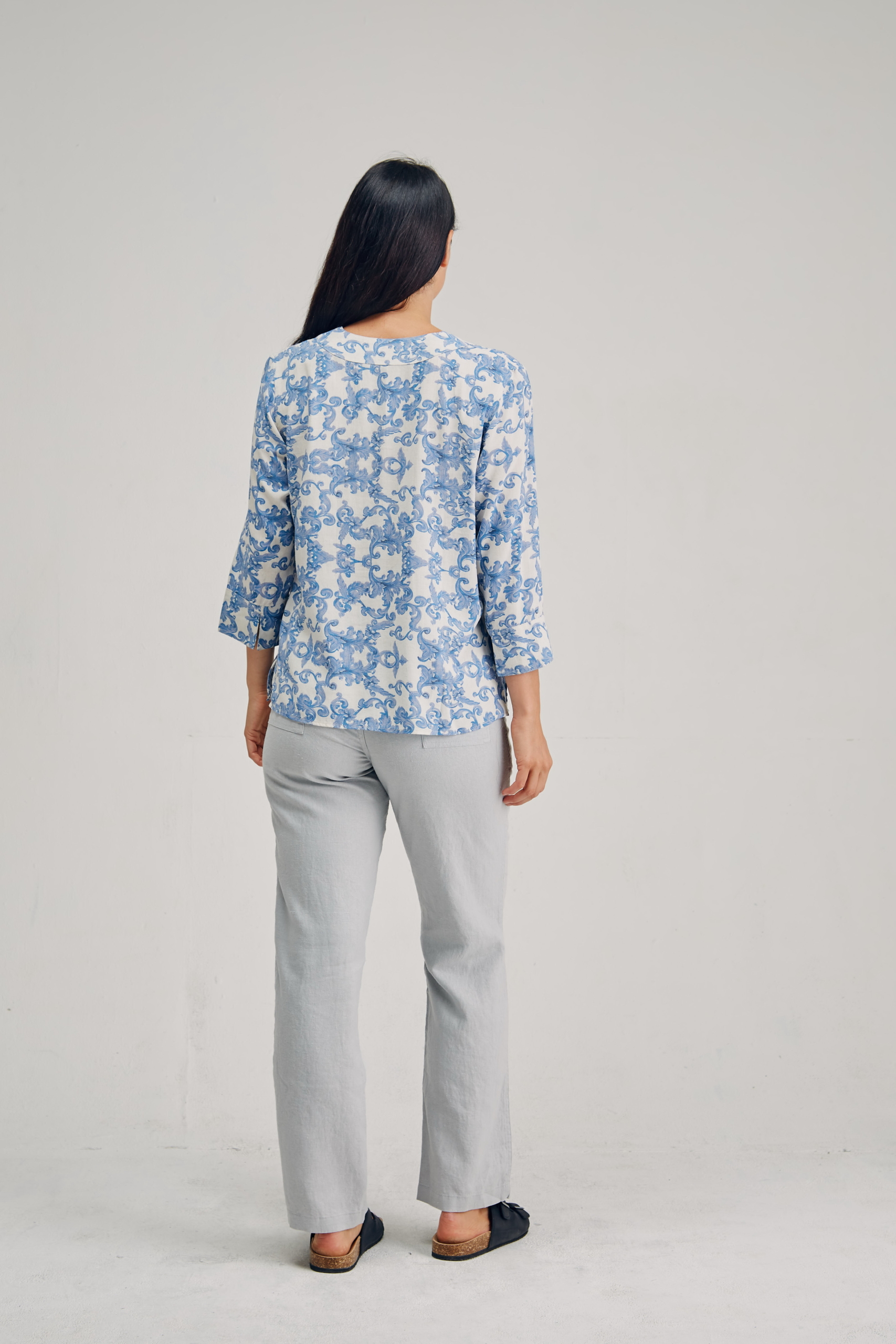 LST2168 BLUE B Ladies' Hemp Bamboo 3/4 Sleeves Top-Blue Print