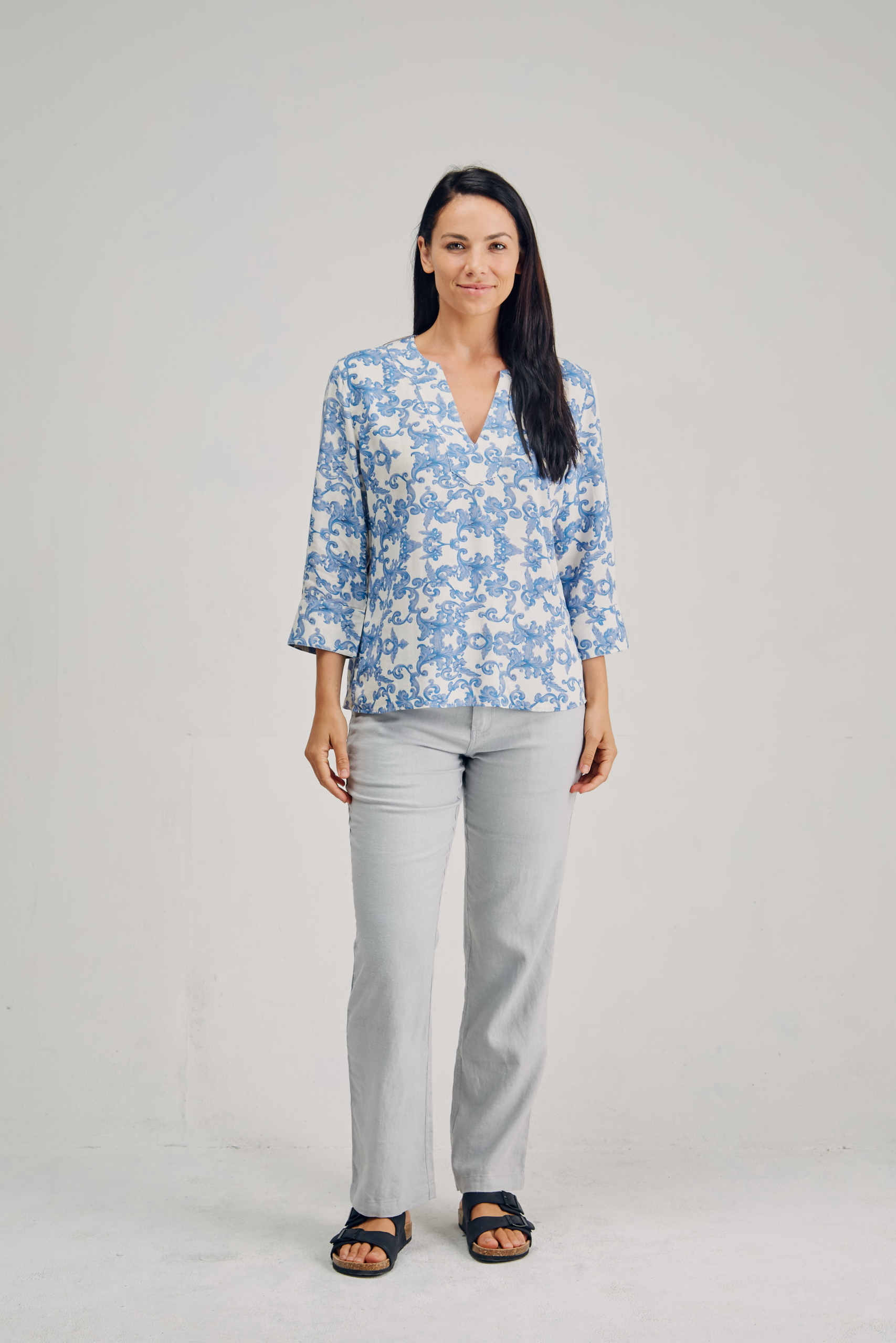 LST2168 BLUE F Ladies' Hemp Bamboo 3/4 Sleeves Top-Blue Print