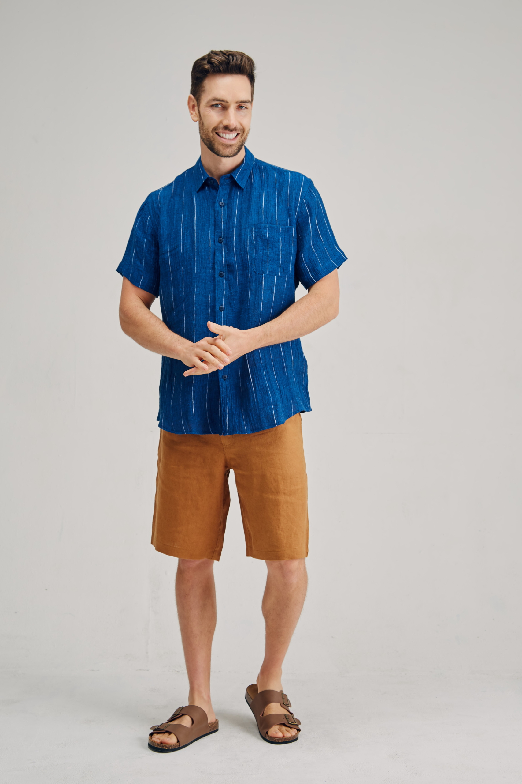 MST2131 BLUE F Men's 100%Hemp Wrinkle Fabric Short Sleeve Shirt-Blue