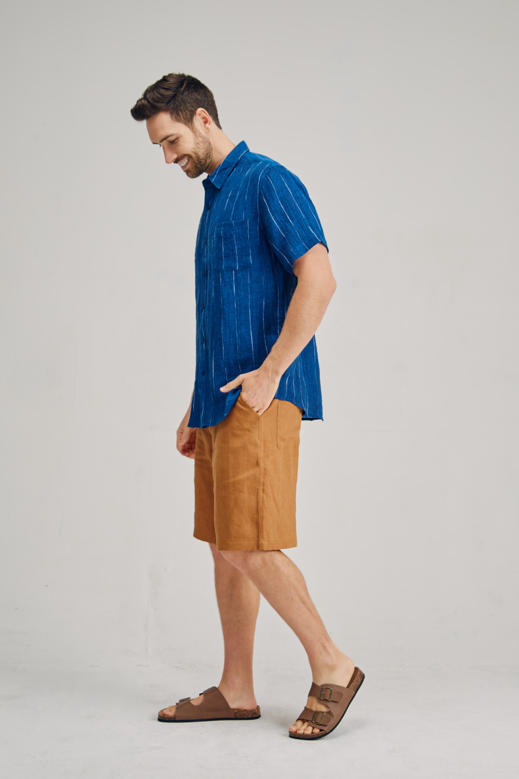 MST2131 BLUE SS Men's 100%Hemp Wrinkle Fabric Short Sleeve Shirt-Blue