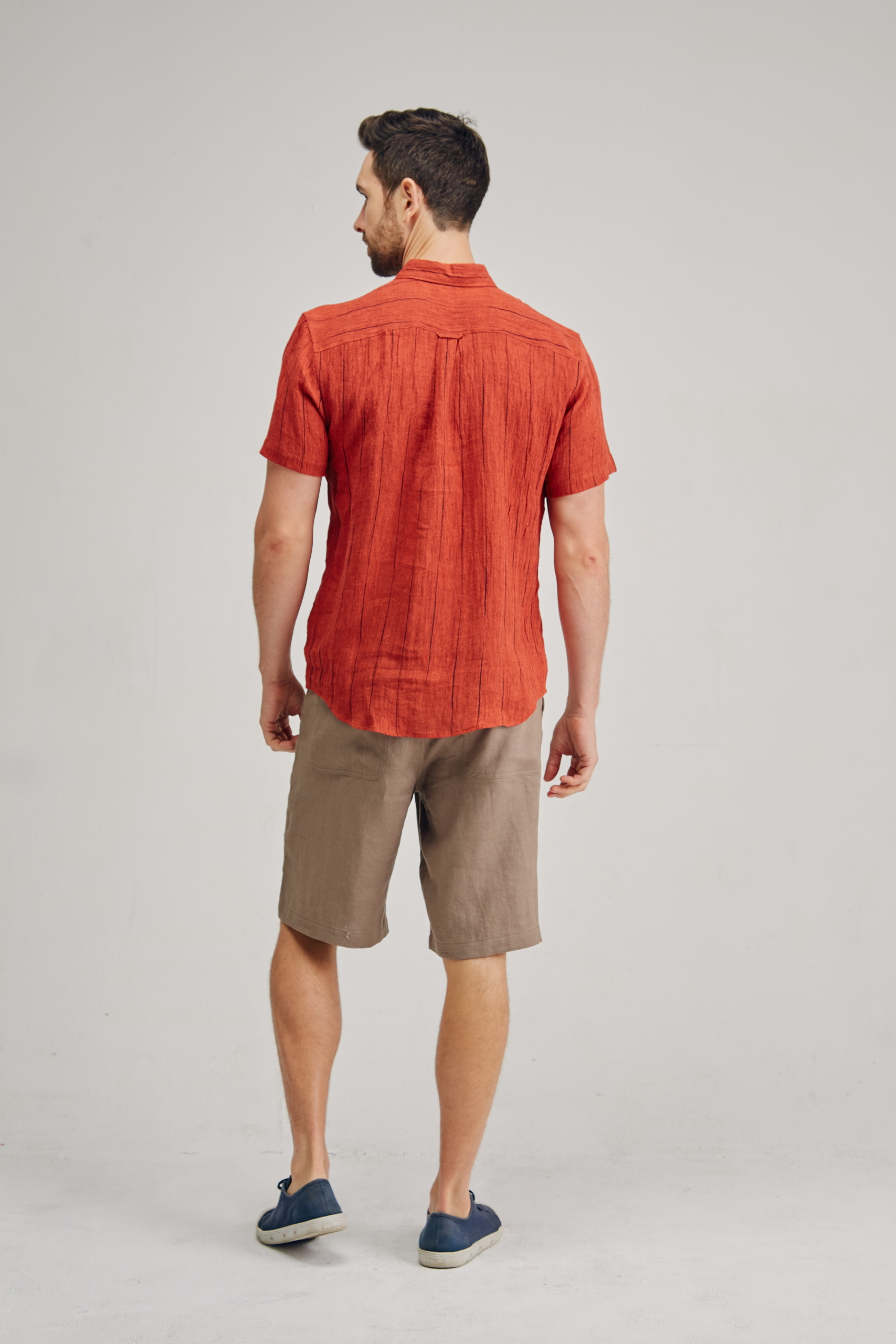 MST2131 RED CLAY B Men's 100%Hemp Wrinkle Fabric Short Sleeve Shirt-Blue