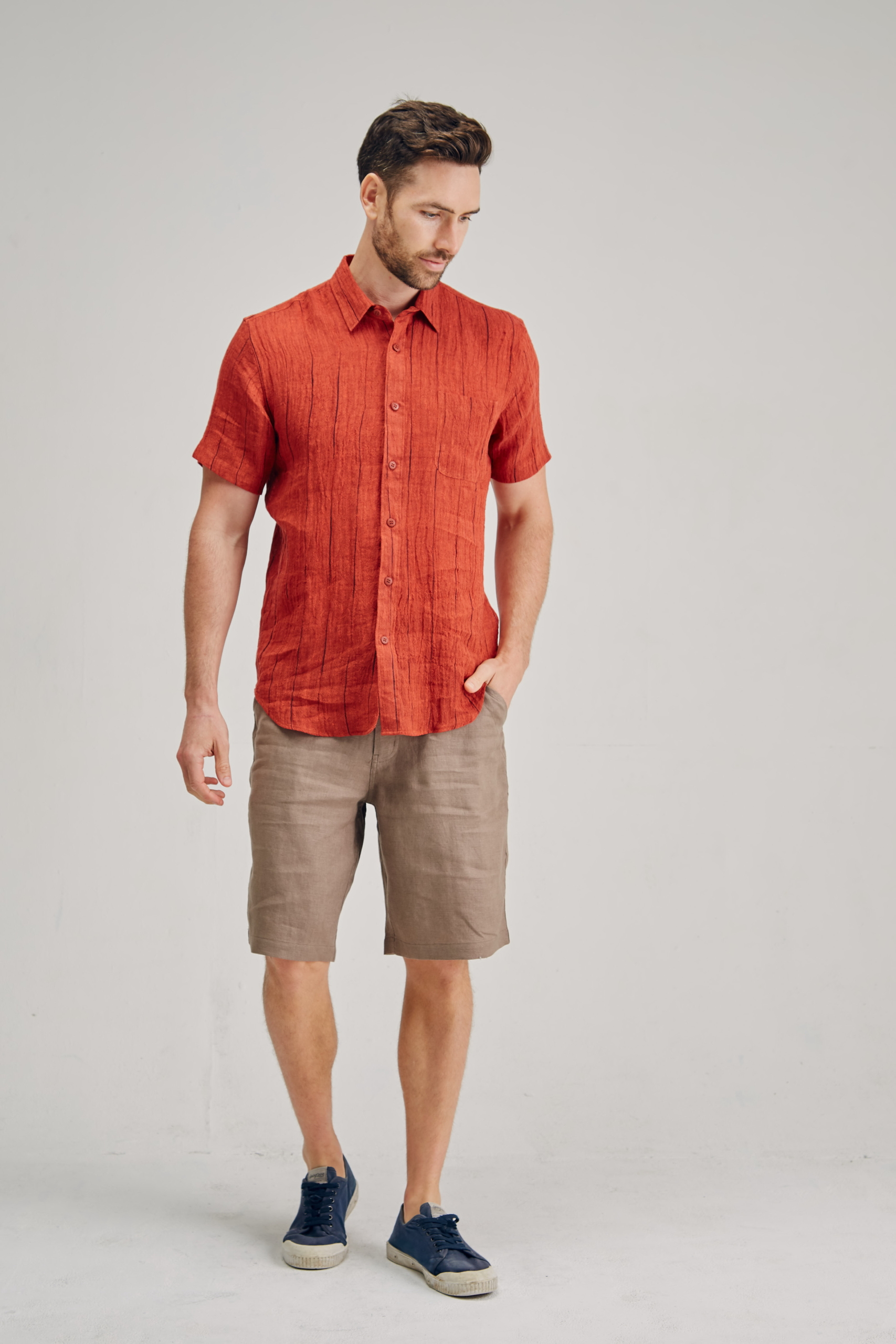 MST2131 RED CLAY F Men's 100%Hemp Wrinkle Fabric Short Sleeve Shirt-Blue