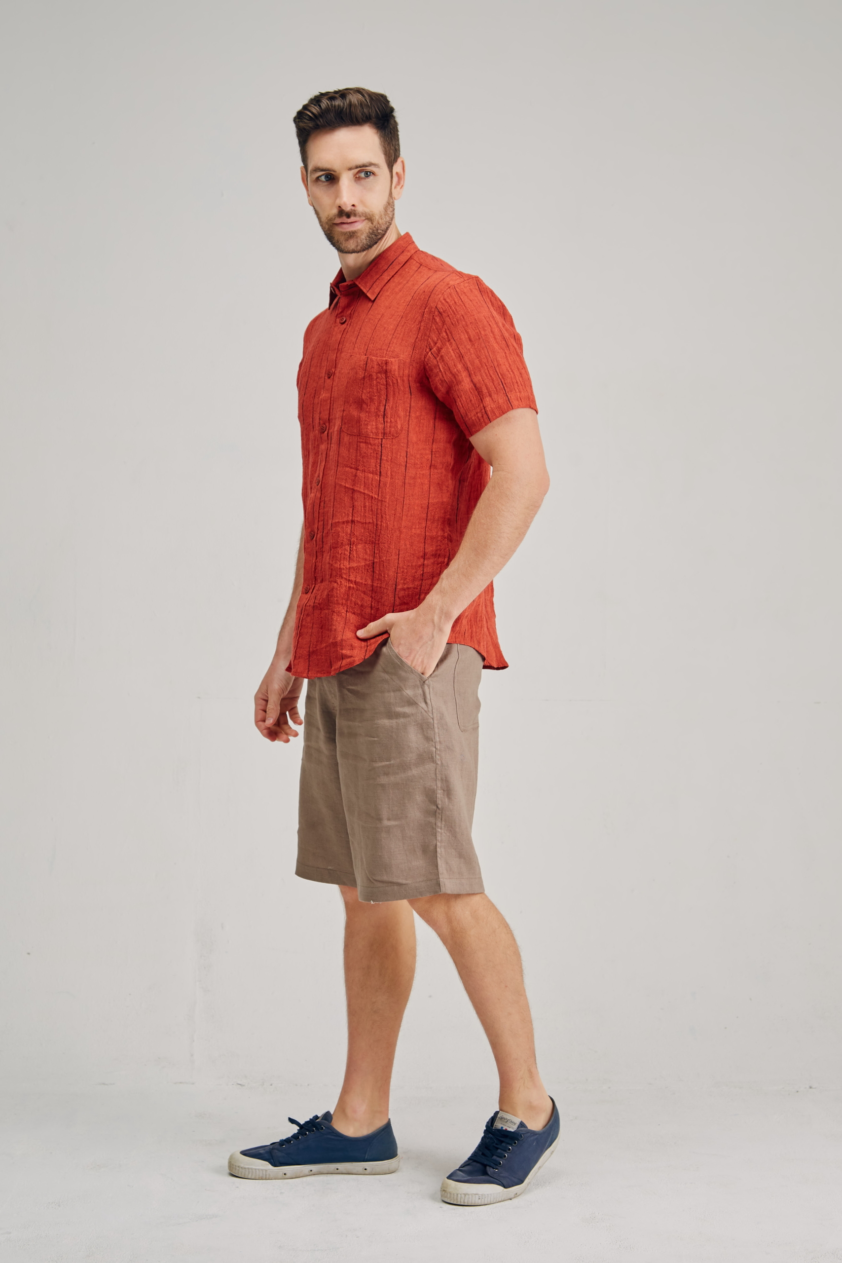 MST2131 RED CLAY S Men's 100%Hemp Wrinkle Fabric Short Sleeve Shirt-Blue