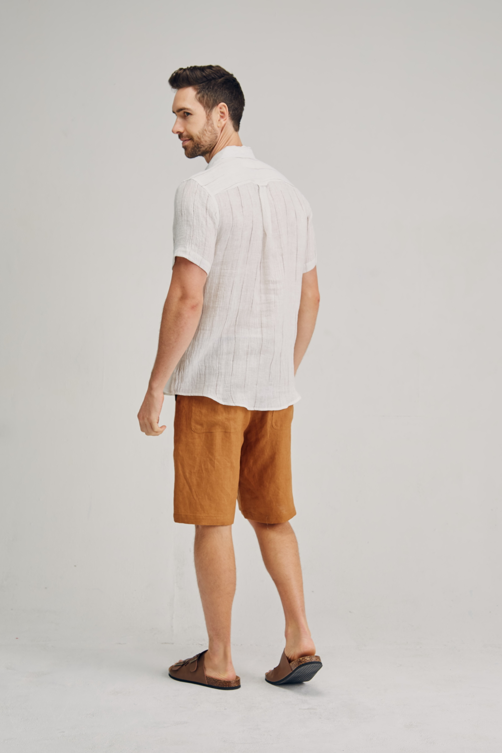 MST2131 WHITE B Men's 100%Hemp Wrinkle Fabric Short Sleeve Shirt-Blue