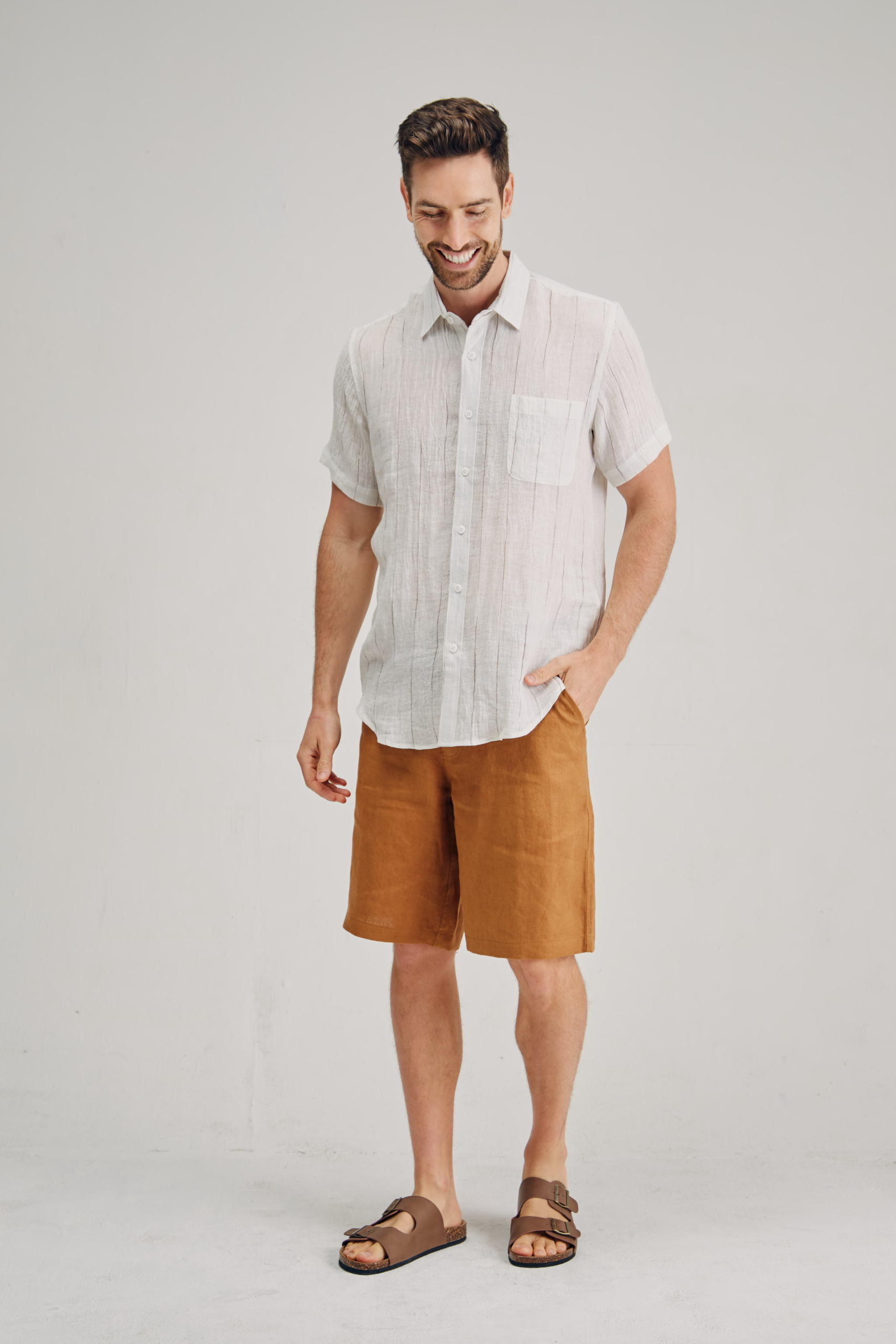 MST2131 WHITE F Men's 100%Hemp Wrinkle Fabric Short Sleeve Shirt-Blue