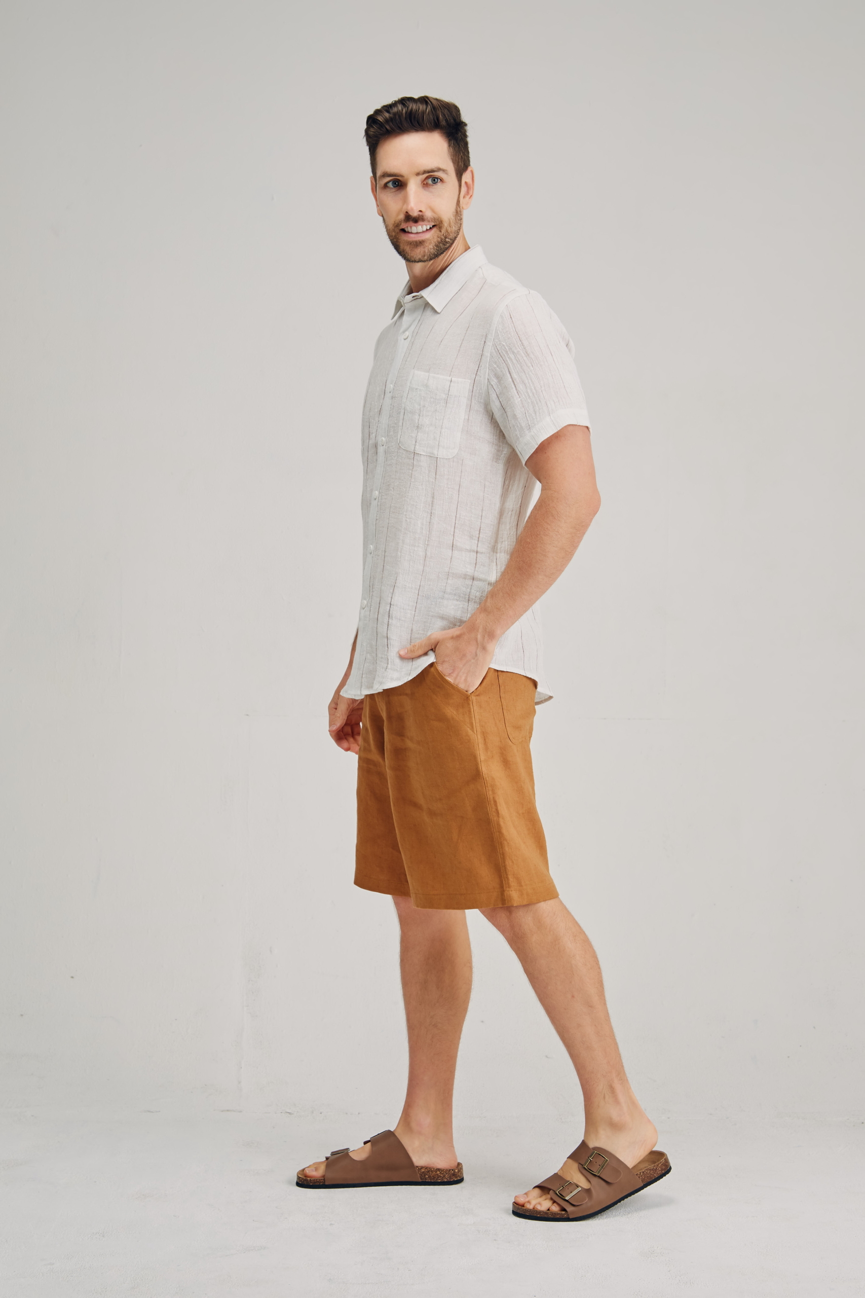 MST2131 WHITE S Men's 100%Hemp Wrinkle Fabric Short Sleeve Shirt-Blue