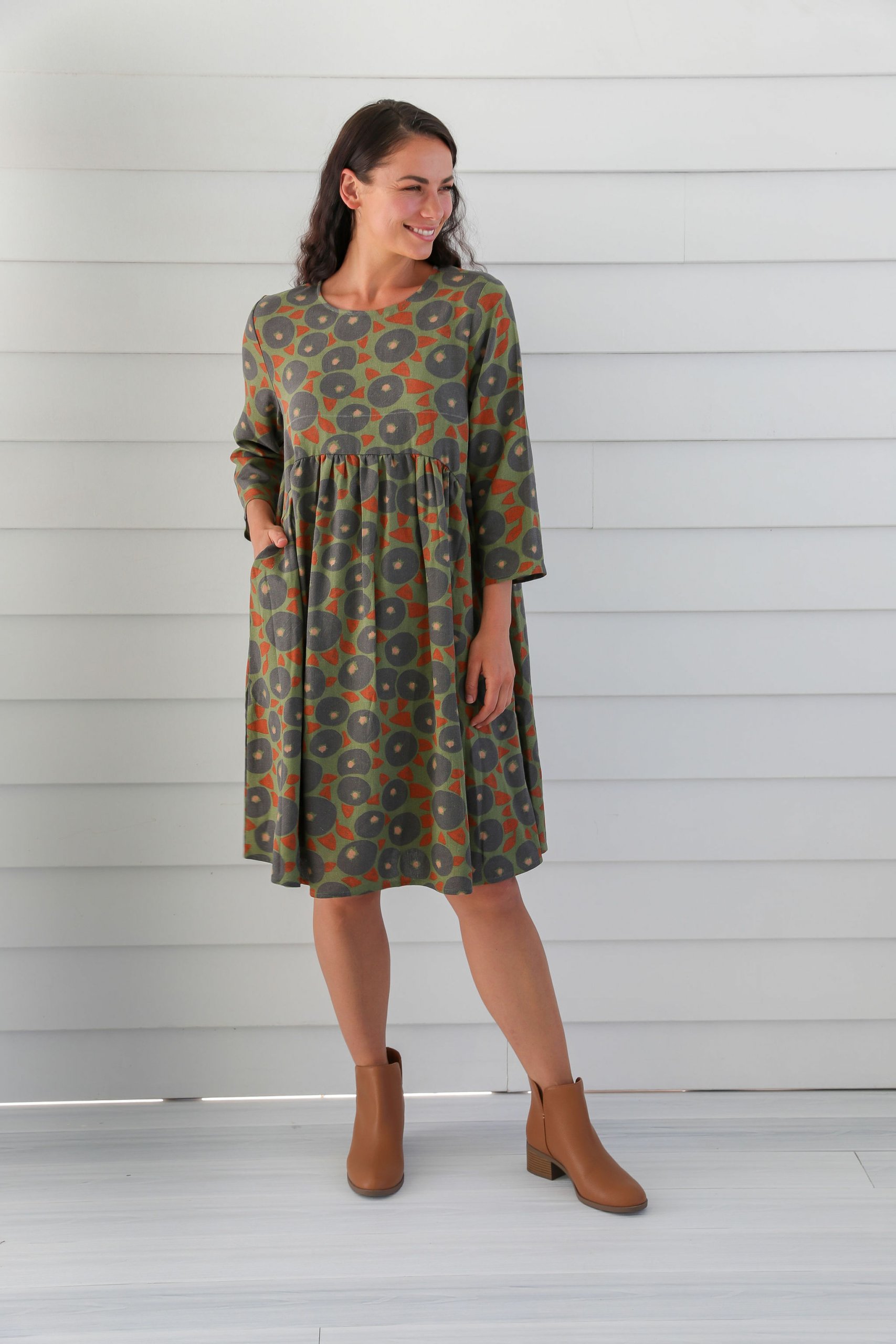 IMG_0851 Ladies' Hemp Swing Dress-Green Print