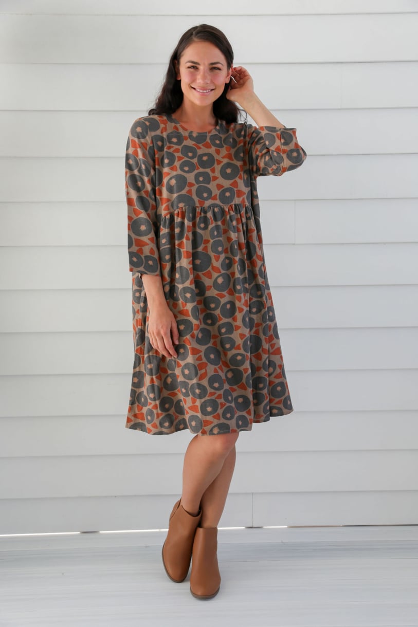 Ladies' Hemp Swing Dress-Rusty Print