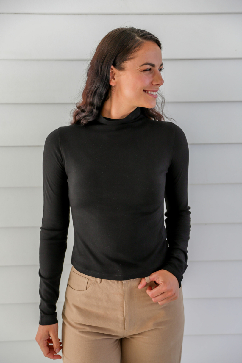 Ladies' Bamboo Cotton Turtle Neck Top-Black