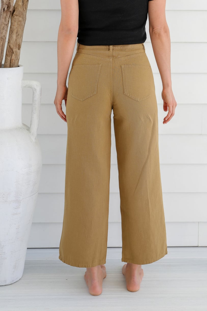 Ladies' Hemp Wide Leg Pants-Khaki