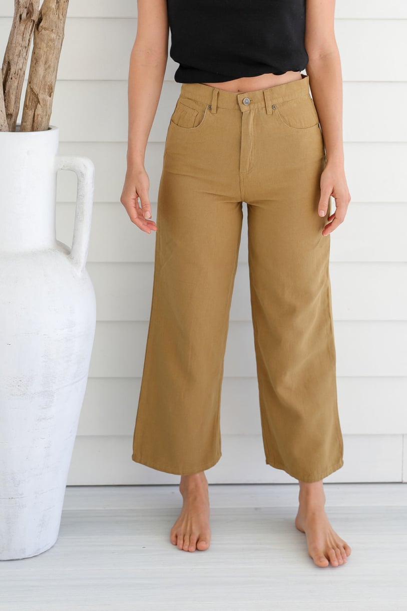 Ladies' Hemp Wide Leg Pants-Khaki